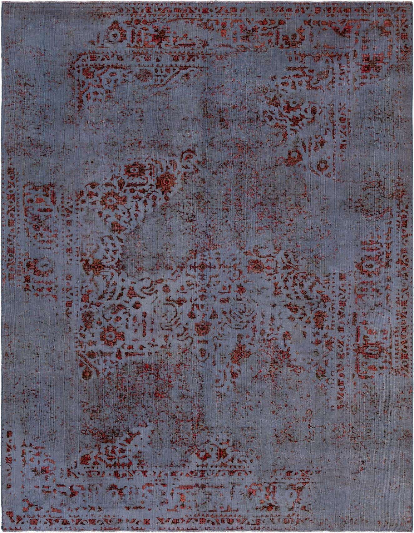 A 6x9 rectangular blue Persian rug with a faded, distressed red floral pattern, suitable for a living room.