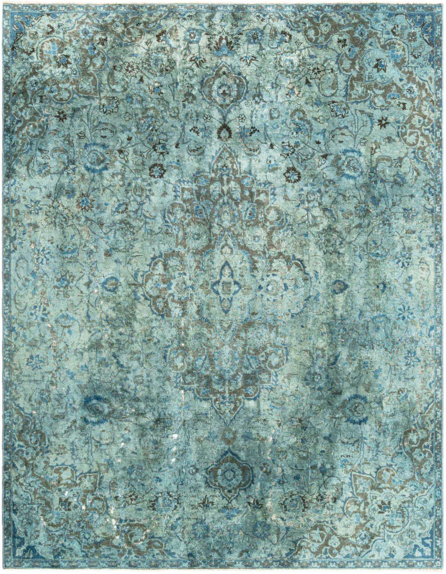 A 3x5 rectangular blue vintage wool rug featuring an ornate, distressed floral medallion pattern in varying shades of blue and hints of brown.