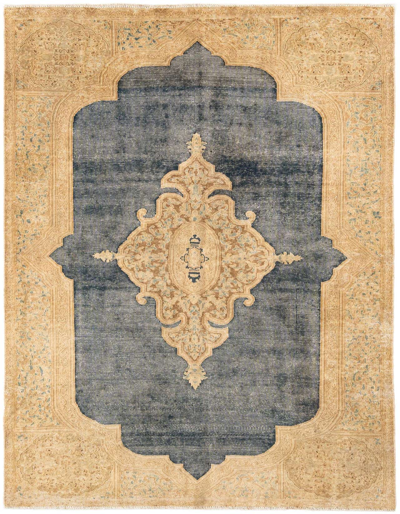 A 5x8 rectangular blue and beige wool rug with a distressed traditional medallion and border design.