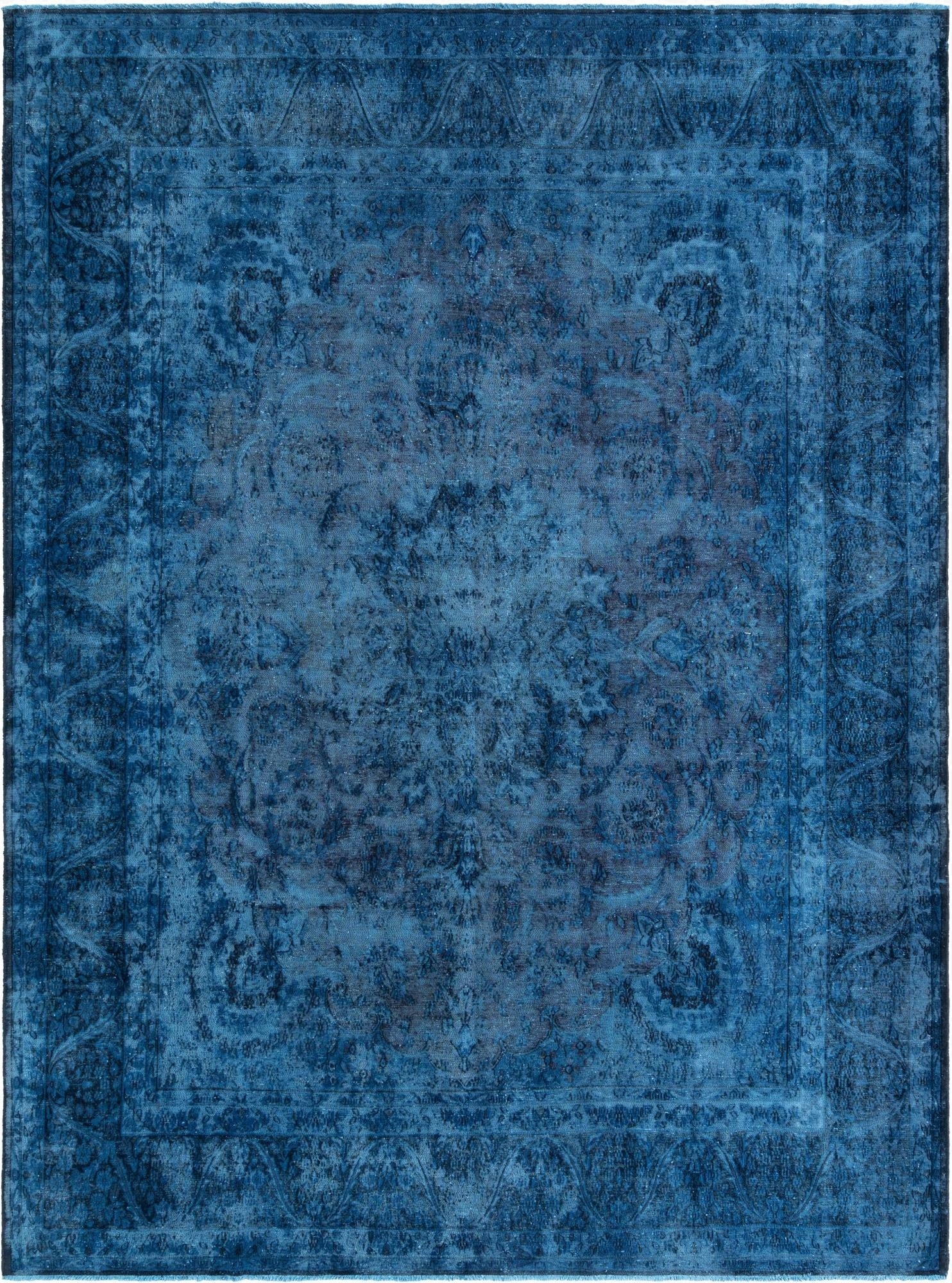 A 10x13 rectangular blue Persian wool rug with a distressed traditional pattern and a medium pile.