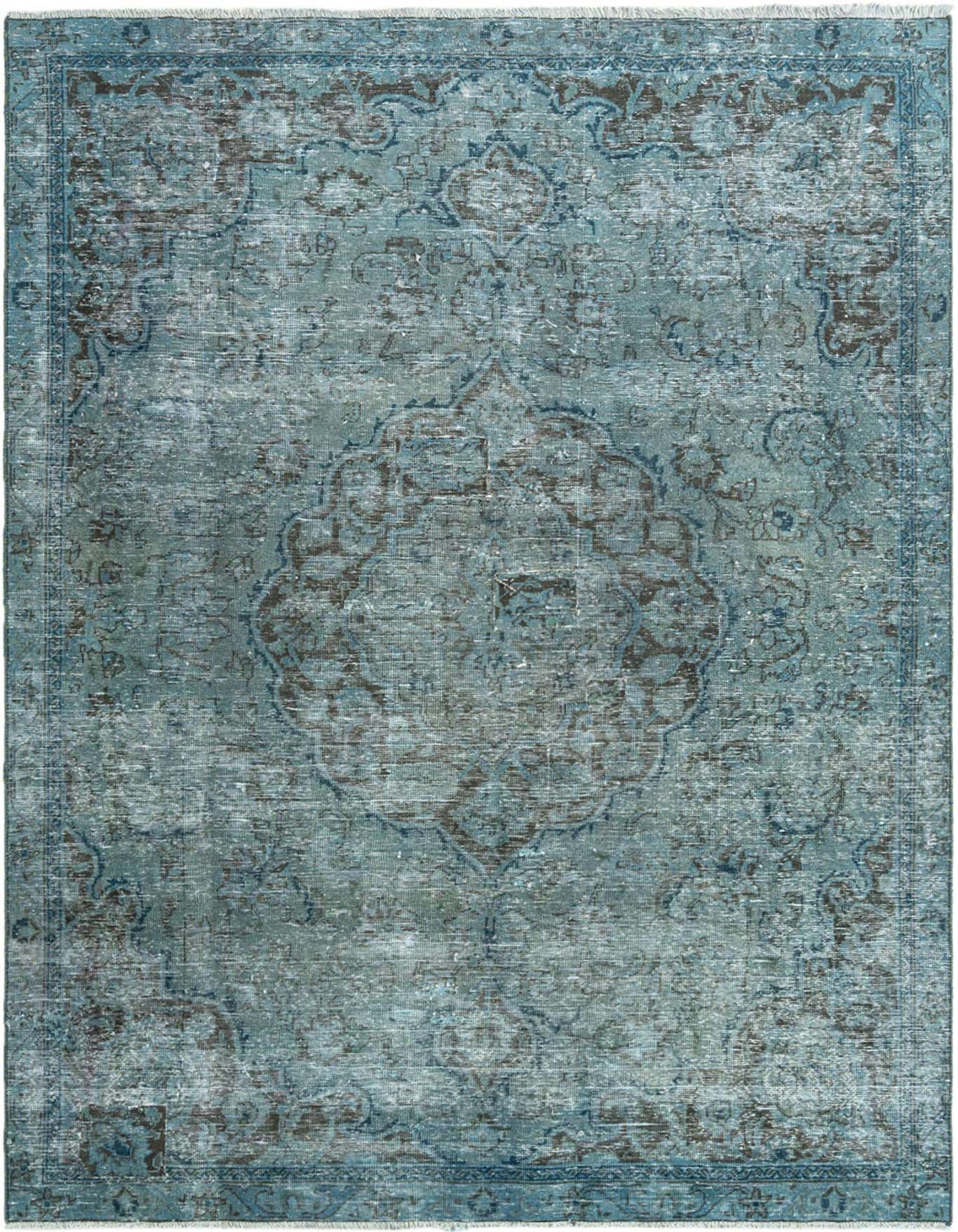 A 3x5 rectangular blue vintage wool rug with an ornate distressed pattern and fringe edges.