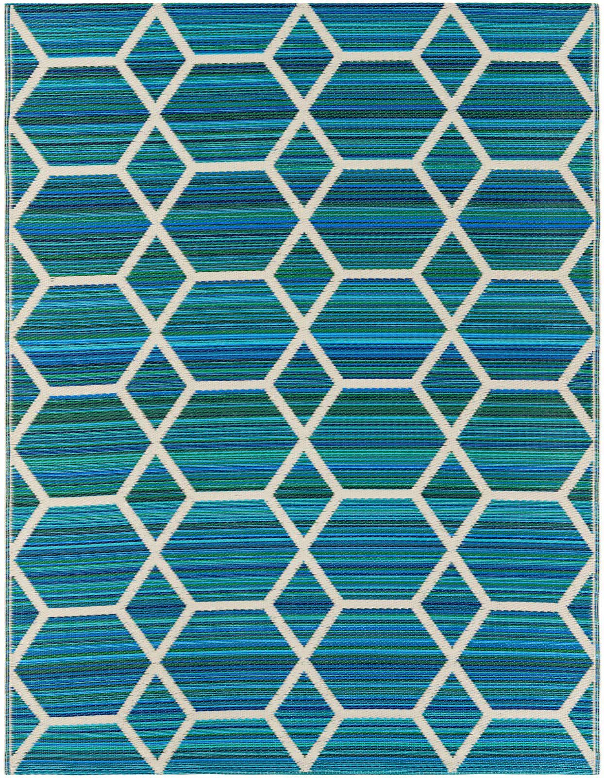 A 5x8 rectangular indoor/outdoor rug featuring a modern geometric honeycomb pattern in varying shades of blue and green with off-white outlines.