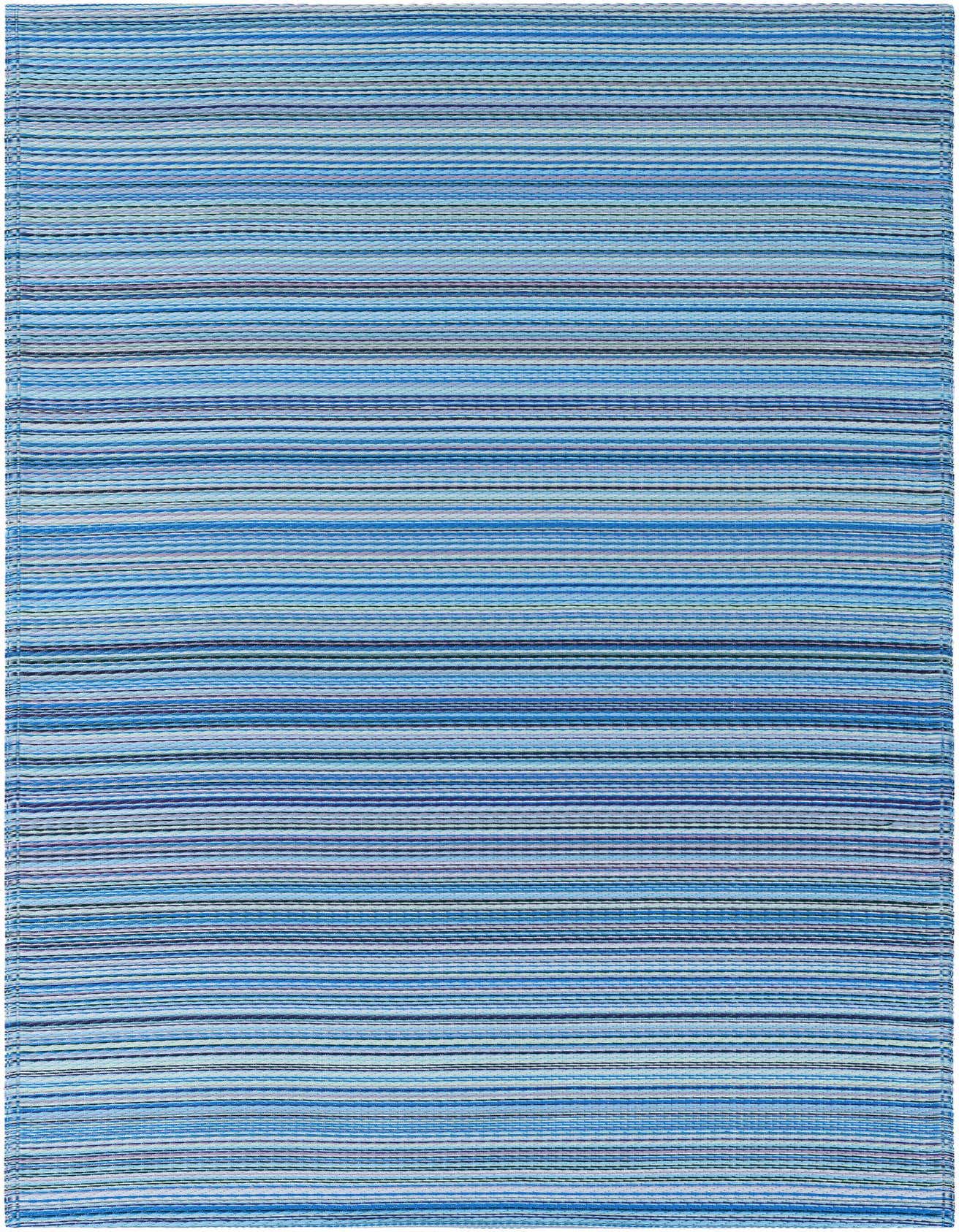 A 4x6 rectangular indoor/outdoor rug featuring a modern stripe pattern in various shades of blue, ideal for a patio or living room.