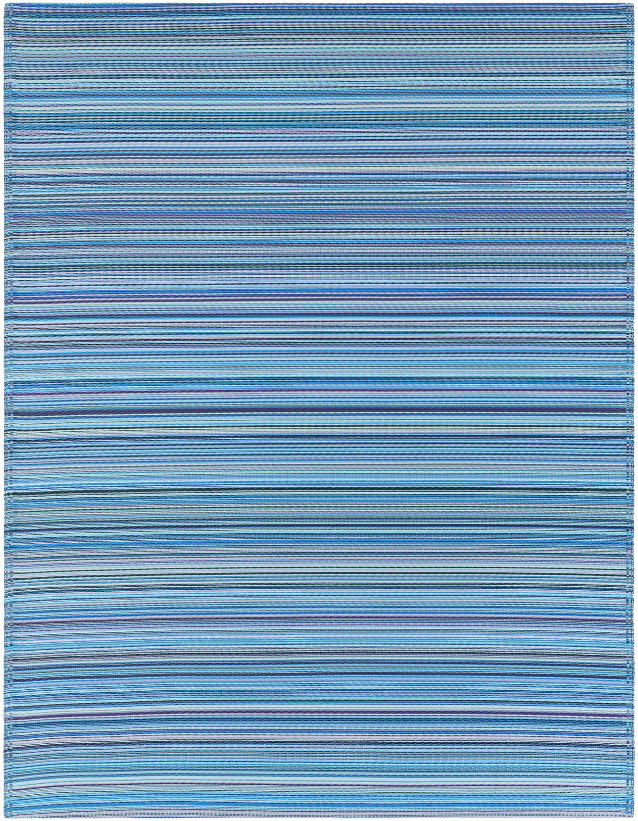 A 5x8 rectangular indoor/outdoor rug featuring horizontal stripes in various shades of blue, purple, and white, suitable for a patio or living room.