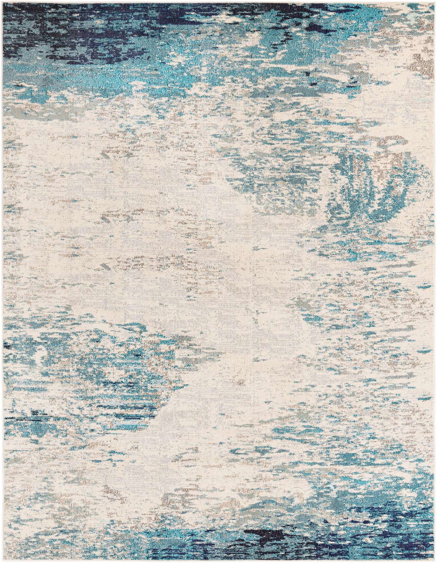 An 8x10 rectangular rug with an abstract coastal pattern in shades of blue, teal, and beige on a cream background.