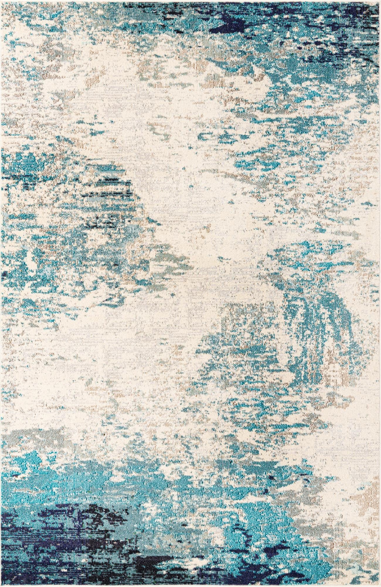 A 6x9 rectangular area rug featuring an abstract coastal design with shades of blue, teal, and beige on a cream background.