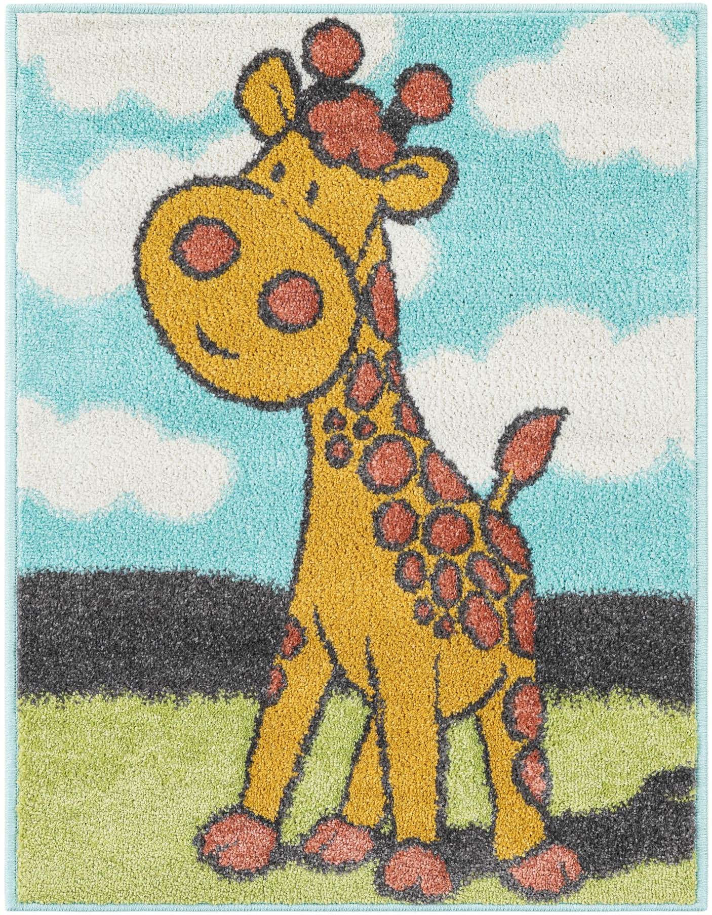 A vibrant 2x3 rectangular rug featuring a friendly yellow giraffe with orange spots, standing on green grass under a blue sky with white clouds.
