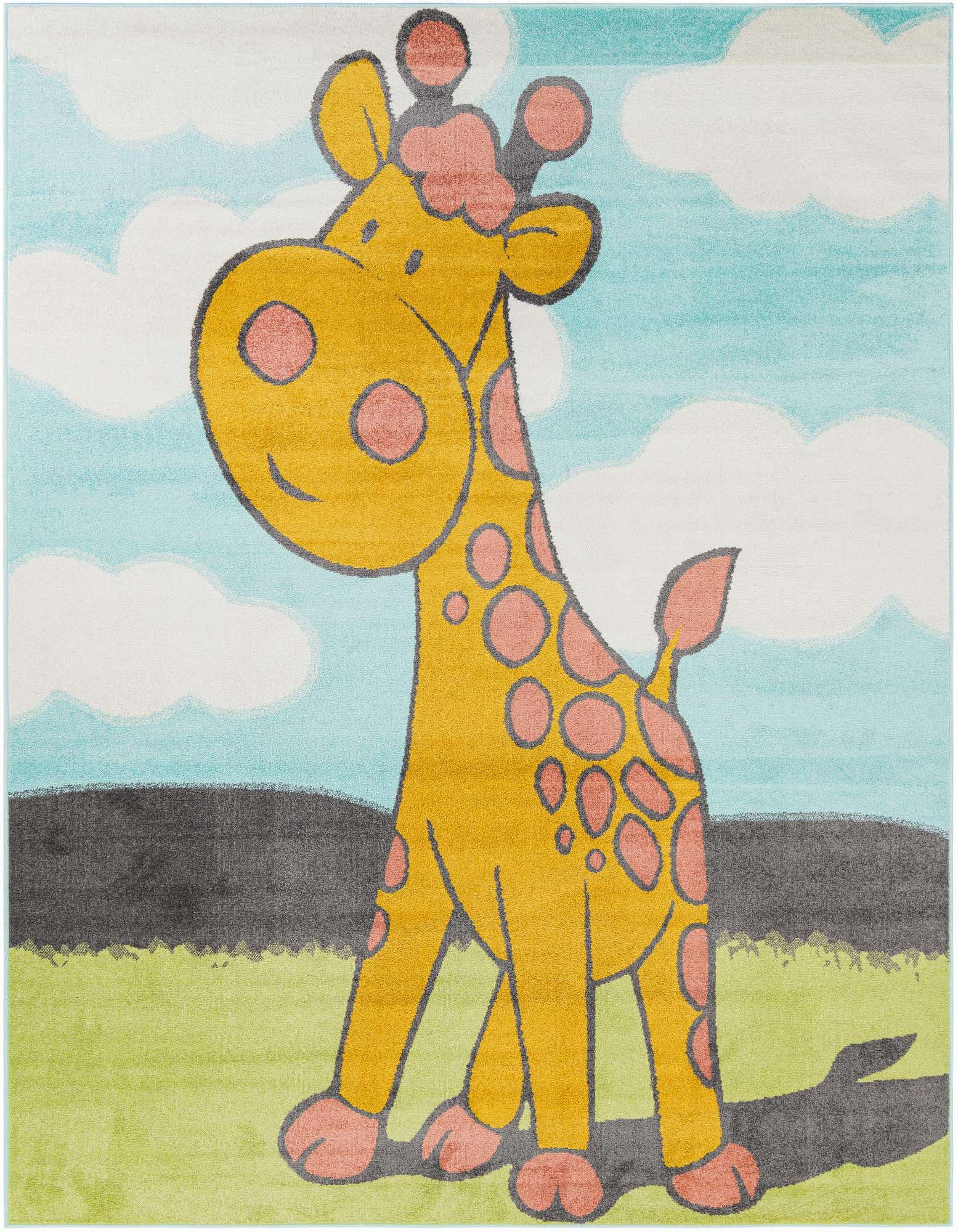 A vibrant 8x10 rectangular kids' rug featuring a friendly yellow giraffe with pink spots, standing on green grass under a blue sky with white clouds.