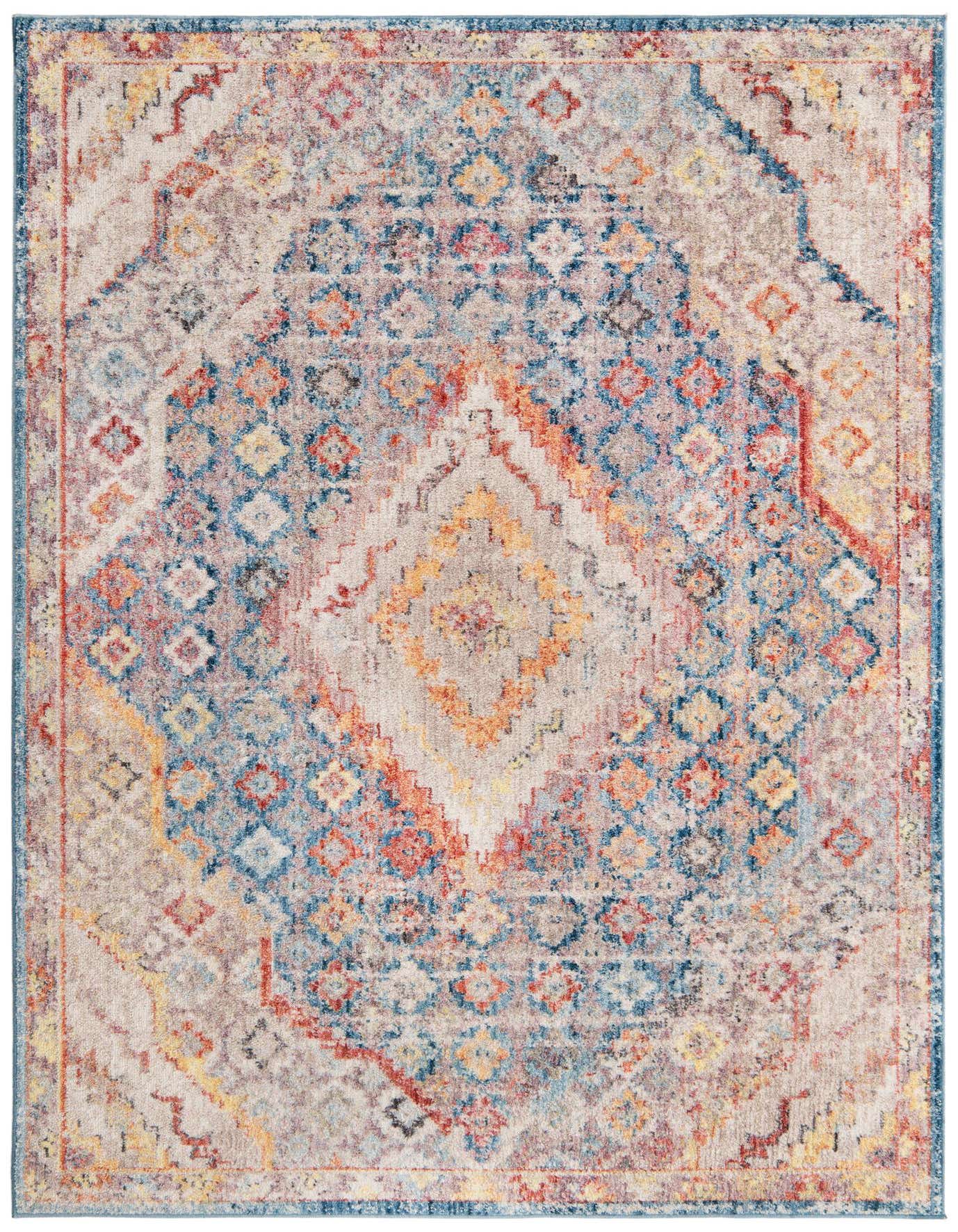 A 5x8 rectangular indoor rug featuring a distressed bohemian medallion pattern in shades of blue, orange, and cream.