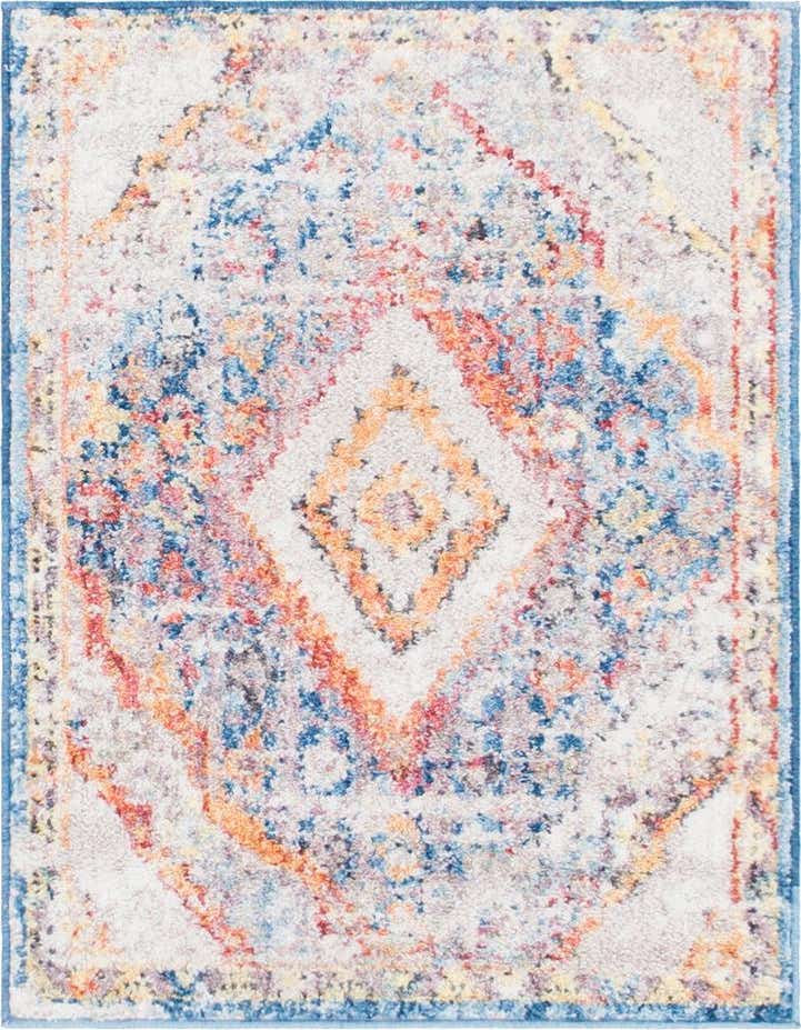 A 2x3 rectangular Rugs.com Williamsburg rug featuring a distressed medallion pattern in blues, oranges, and reds on a light background.