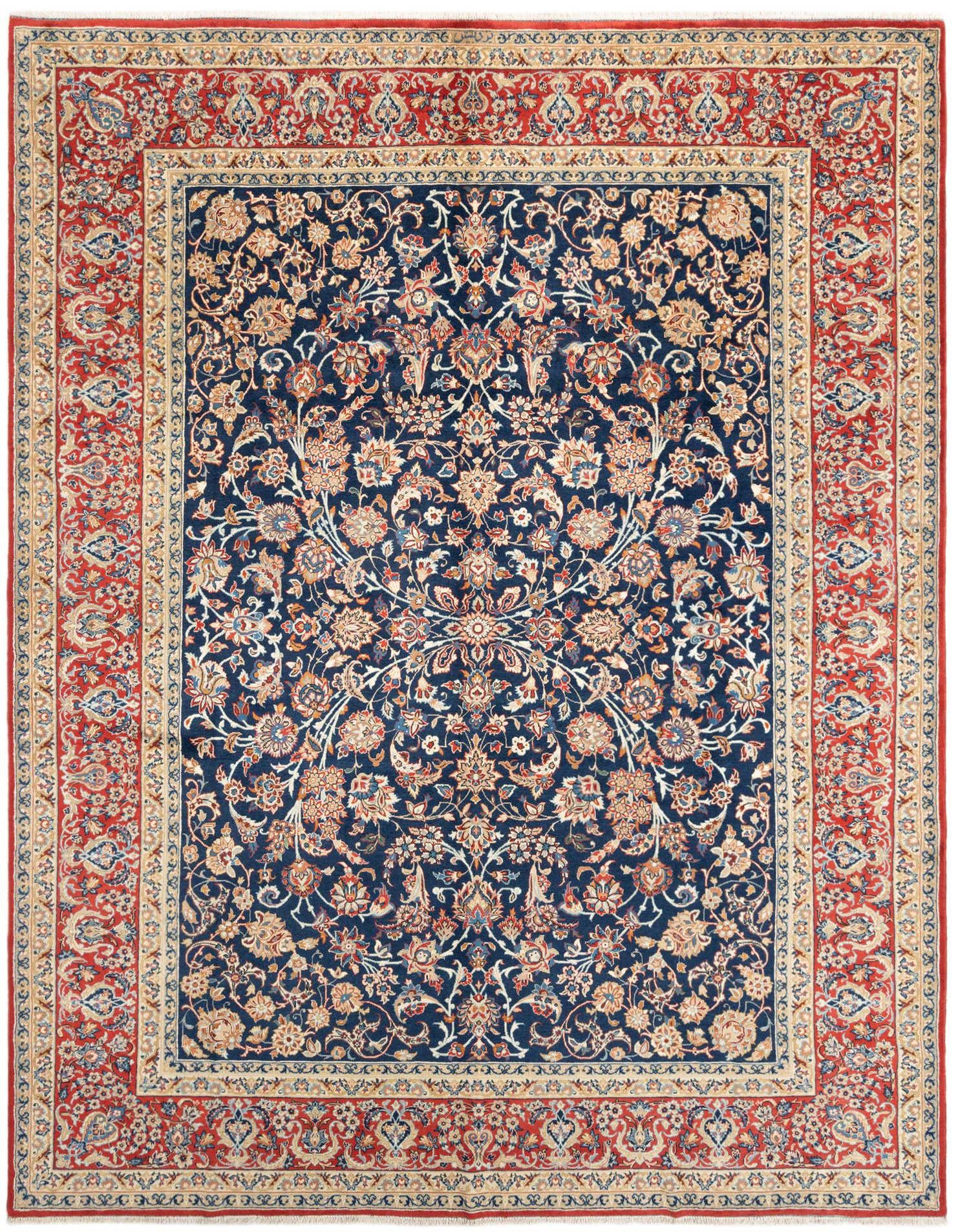 A large 10x13 rectangular traditional wool rug featuring a rich blue field with intricate floral patterns and a wide red border.