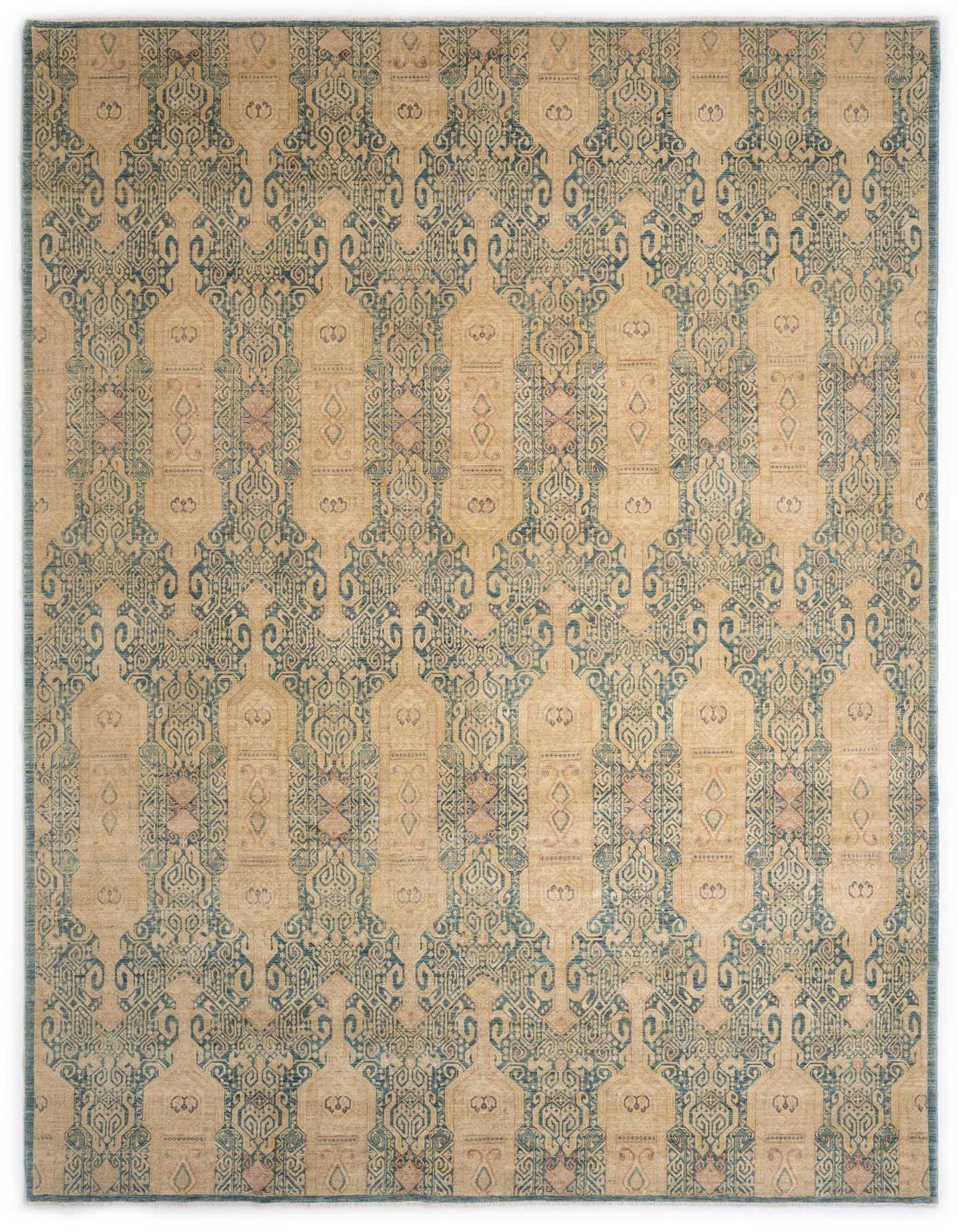 A 9x12 rectangular Ziegler Persian rug featuring a traditional blue and beige pattern with hints of pink.