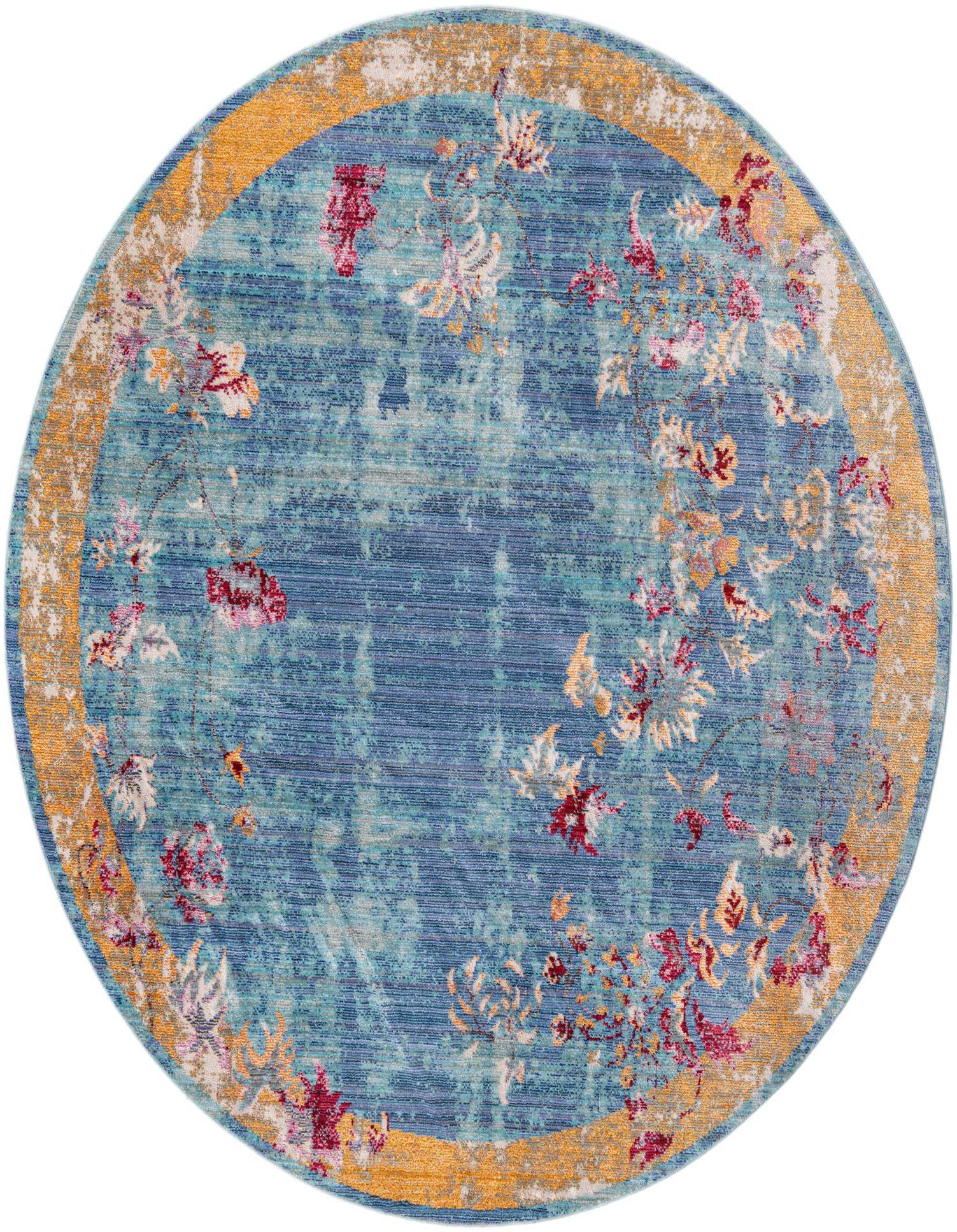A 6' round blue rug with a distressed floral pattern in red, pink, and yellow, framed by a gold border.