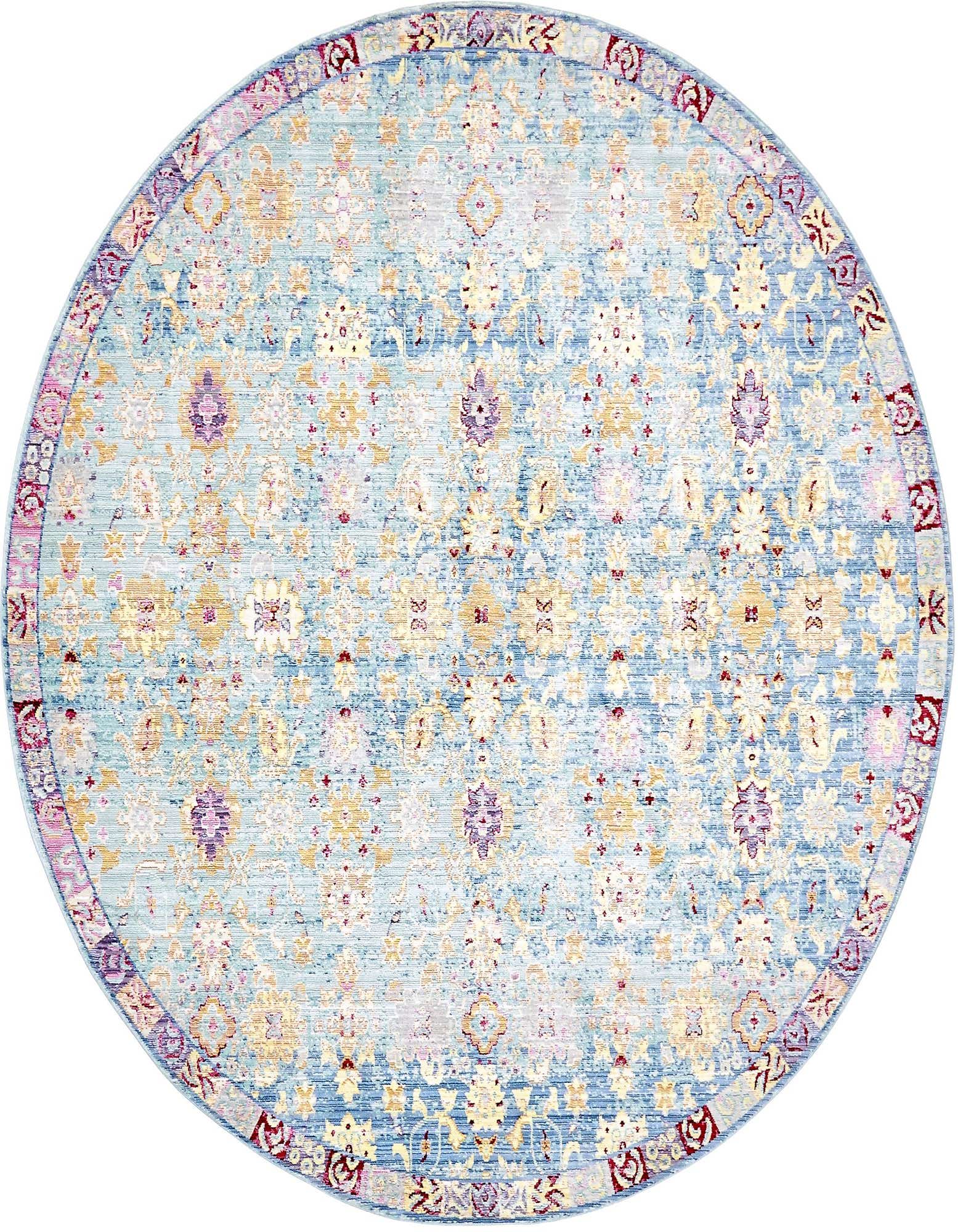A round 8' blue Bohemian rug with a distressed floral pattern in yellow, purple, and pink, and a decorative border.