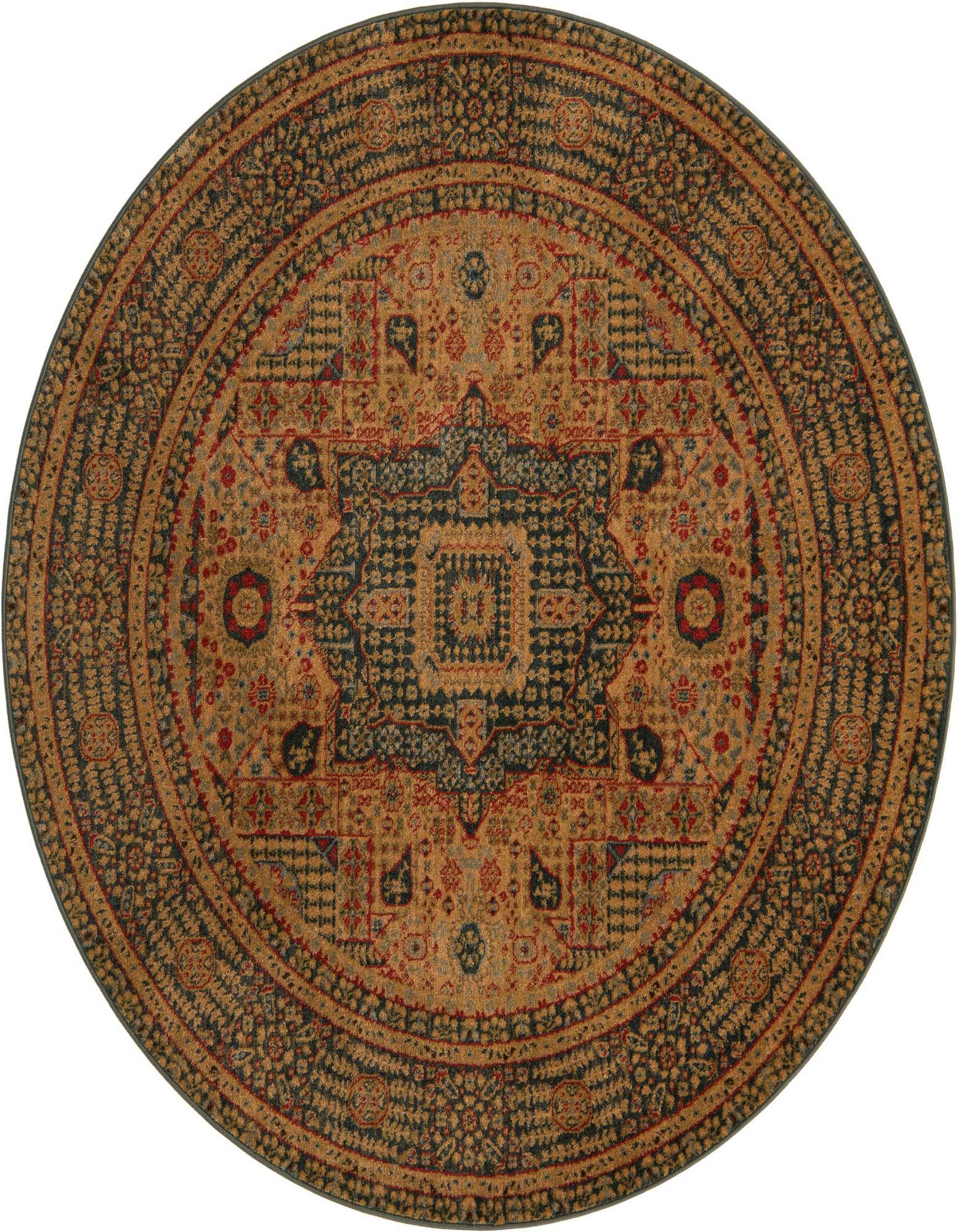 A 6' 0 x 6' 0 round blue rug with a distressed Bohemian medallion pattern in shades of blue, gold, and red.