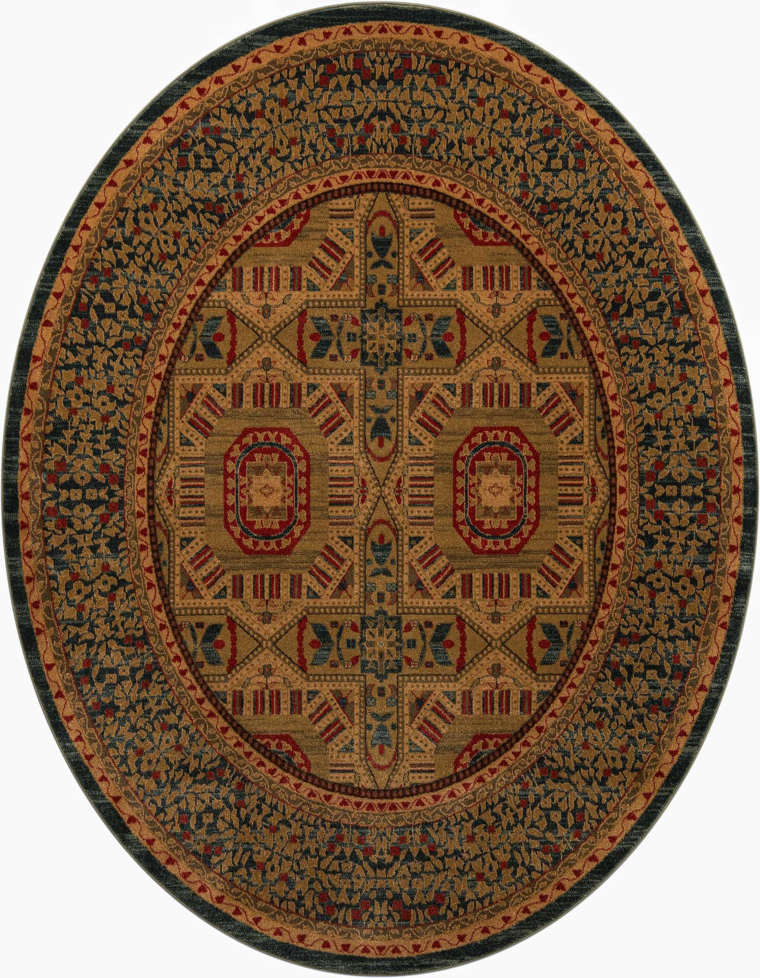 A round 8' blue and gold traditional tribal rug with a central medallion and intricate border design.