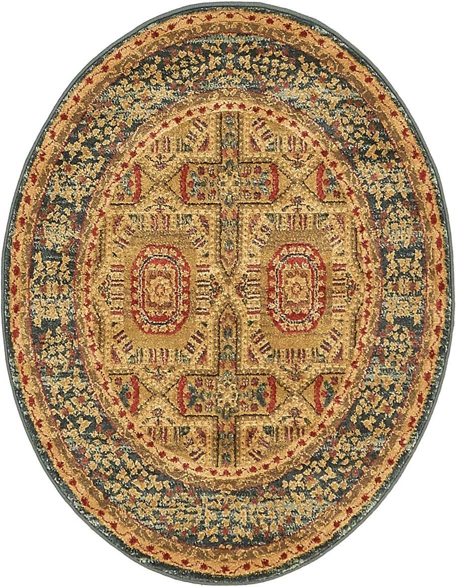 A 3' 3 round Amina rug featuring a distressed traditional medallion pattern in blues, gold, and red tones.