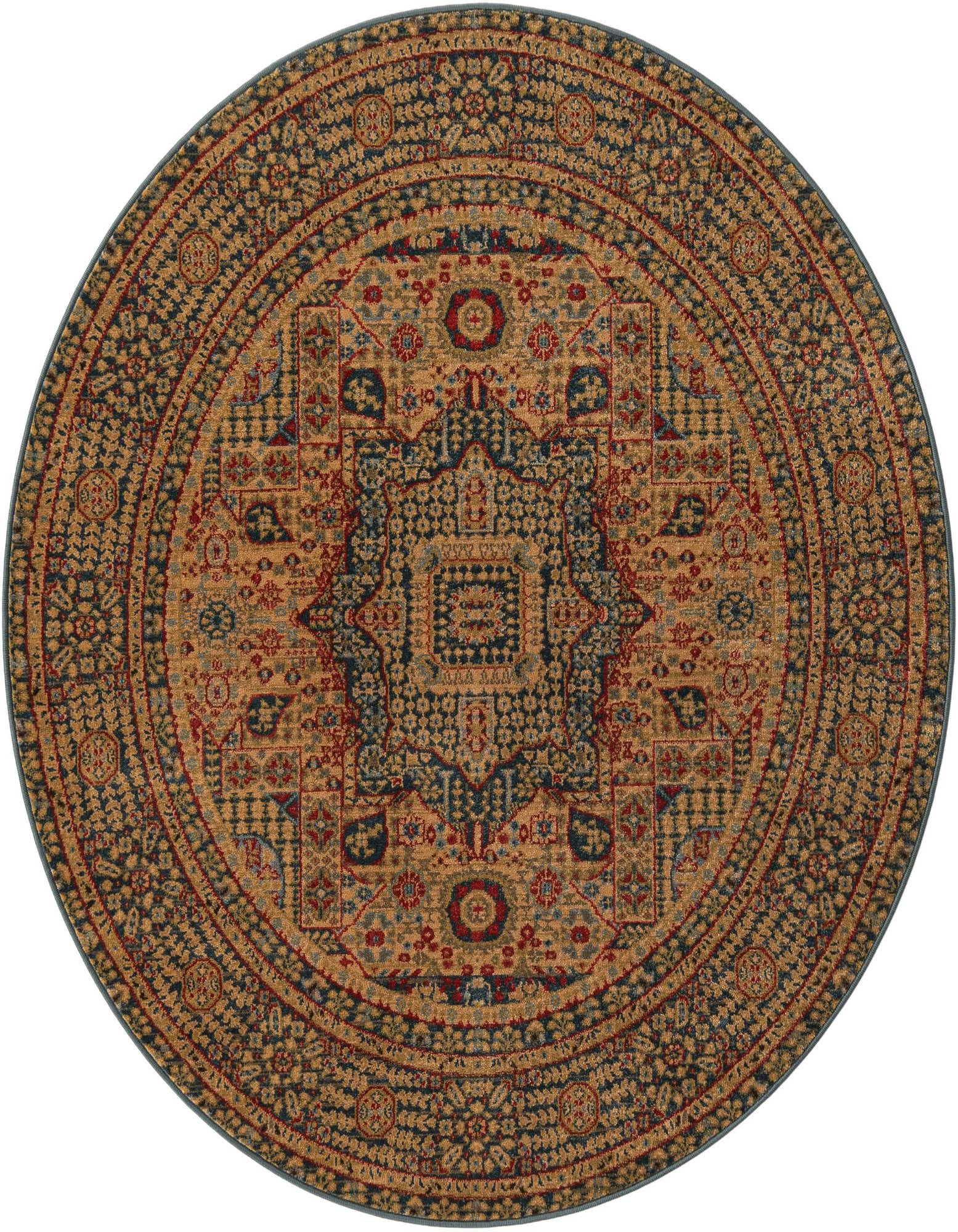 A round 5' blue and gold traditional medallion rug with intricate red and light blue patterns, suitable for an indoor living space.