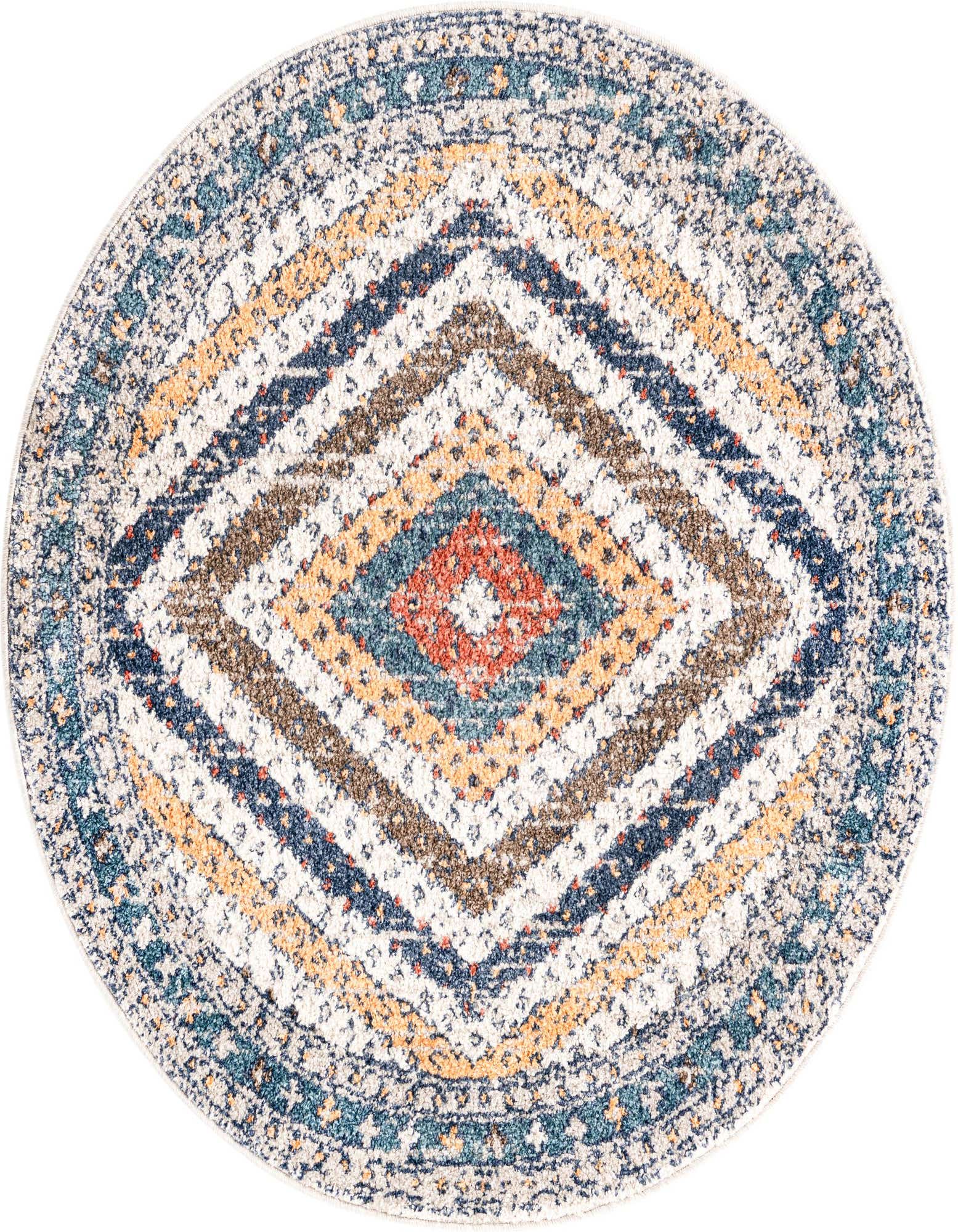 A round 3' 3 x 3' 3 Aramis rug featuring a modern striped pattern in various shades of blue, orange, brown, and cream.