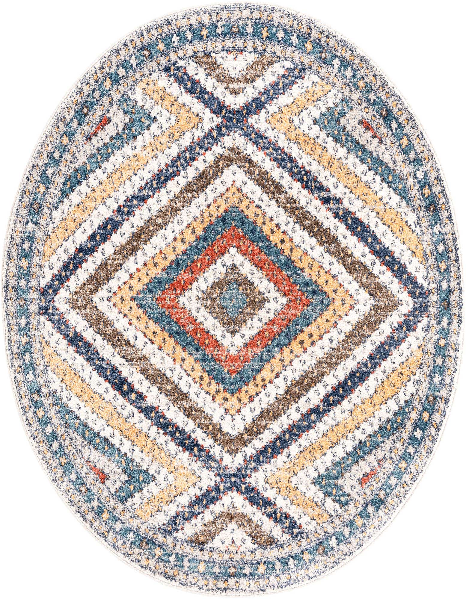 A 5'3" round Aramis rug featuring a modern striped pattern in shades of blue, brown, orange, and yellow on a white background.