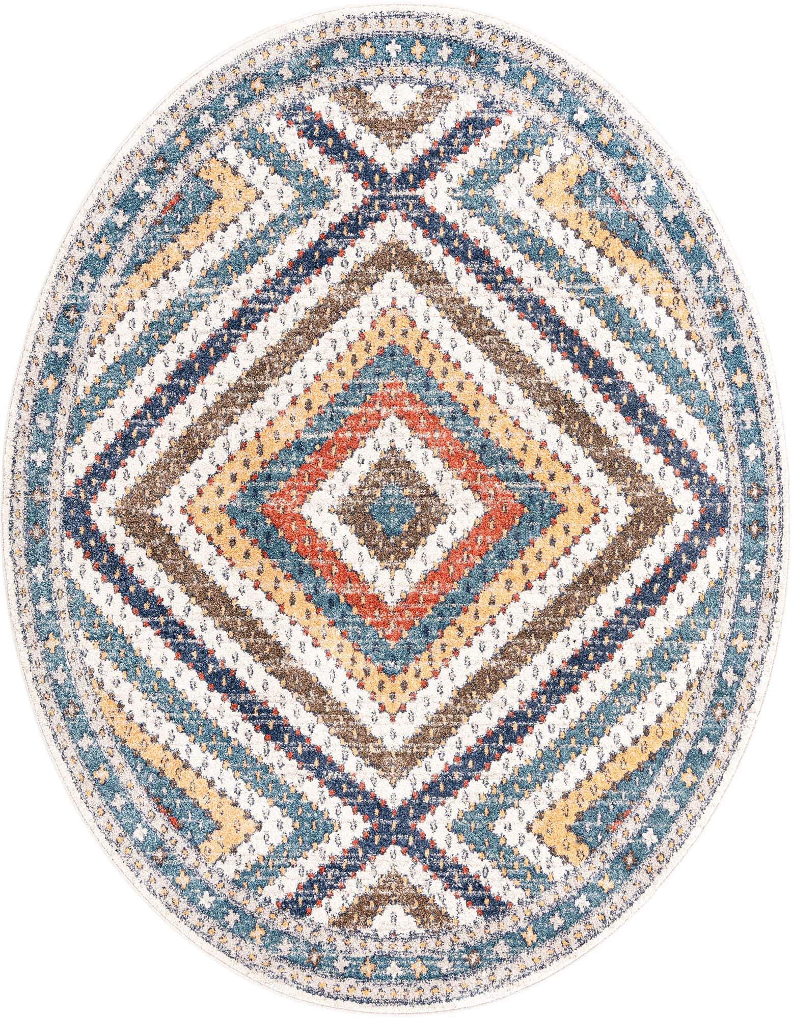 A 7' 0 x 7' 0 round blue modern area rug with a geometric stripe pattern in various shades of blue, orange, brown, and yellow.