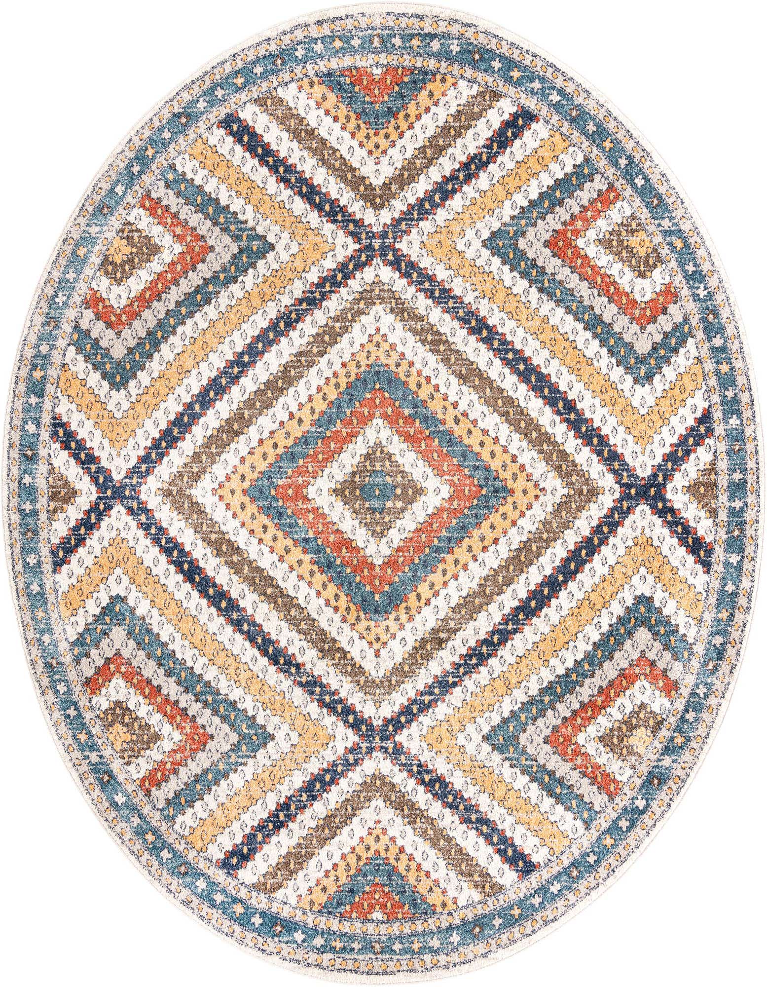 A 10-foot round blue modern rug with a striped geometric pattern in shades of blue, orange, brown, and yellow.