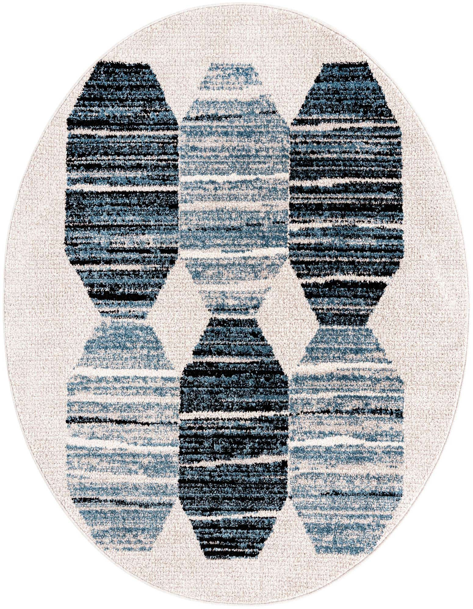A 5' 3 round modern rug featuring a pattern of large, horizontally striped blue and black geometric shapes on a light cream background.