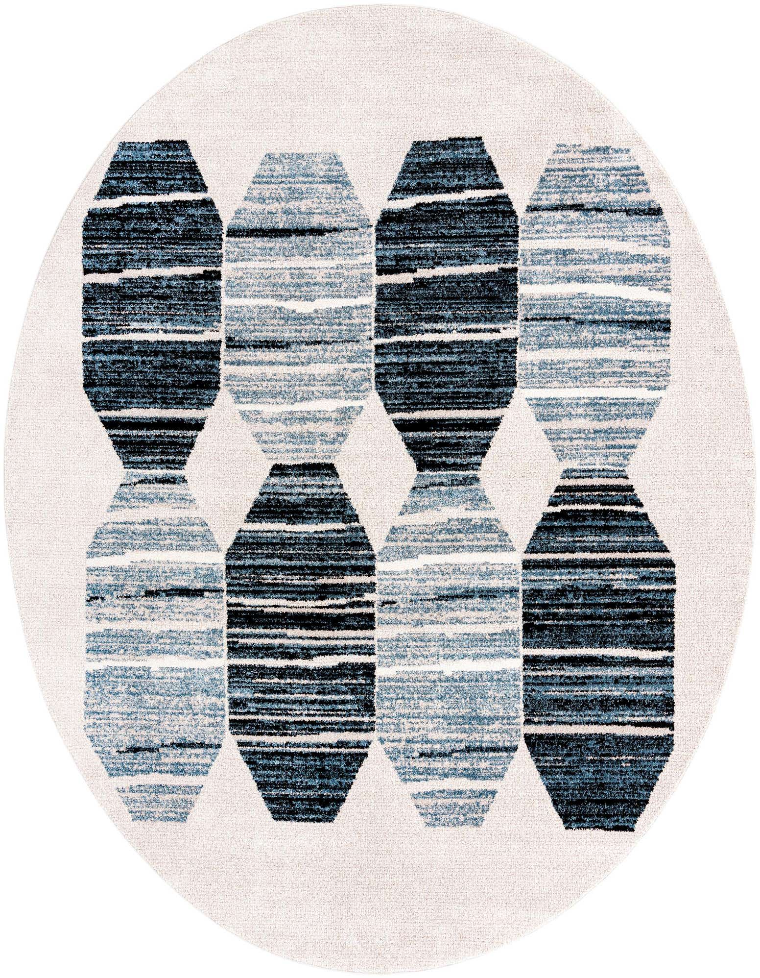 A 10-foot round Aramis rug featuring a modern pattern of alternating dark and light blue striped octagons on a cream background.