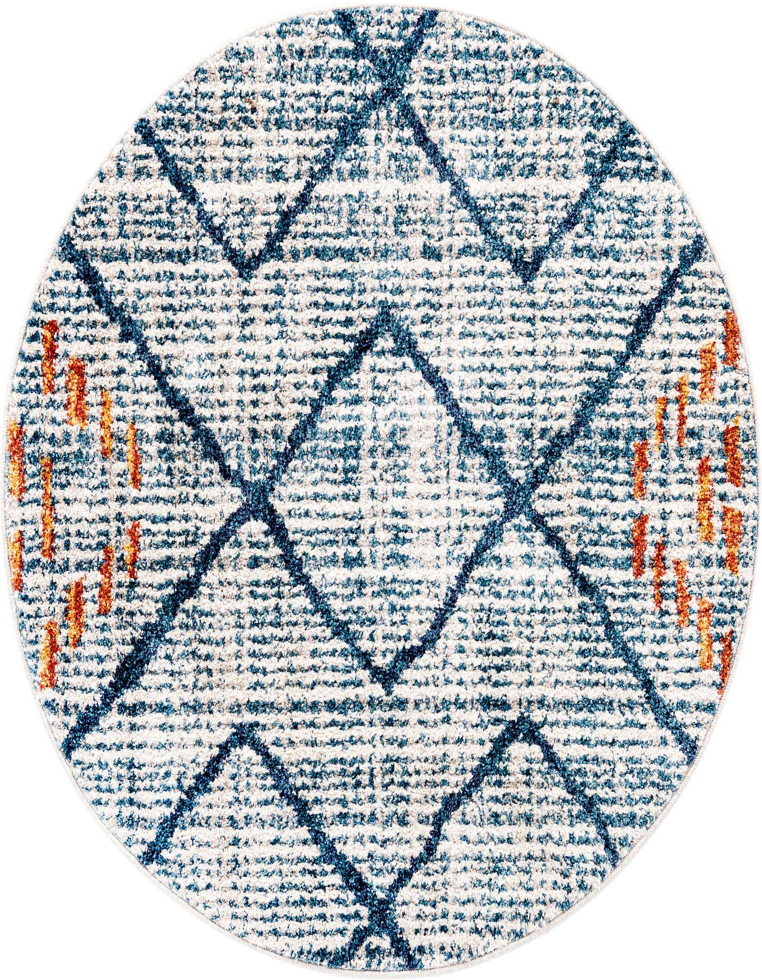 A round, high-pile Rugs.com Aramis rug featuring a modern blue geometric stripe pattern with hints of orange.