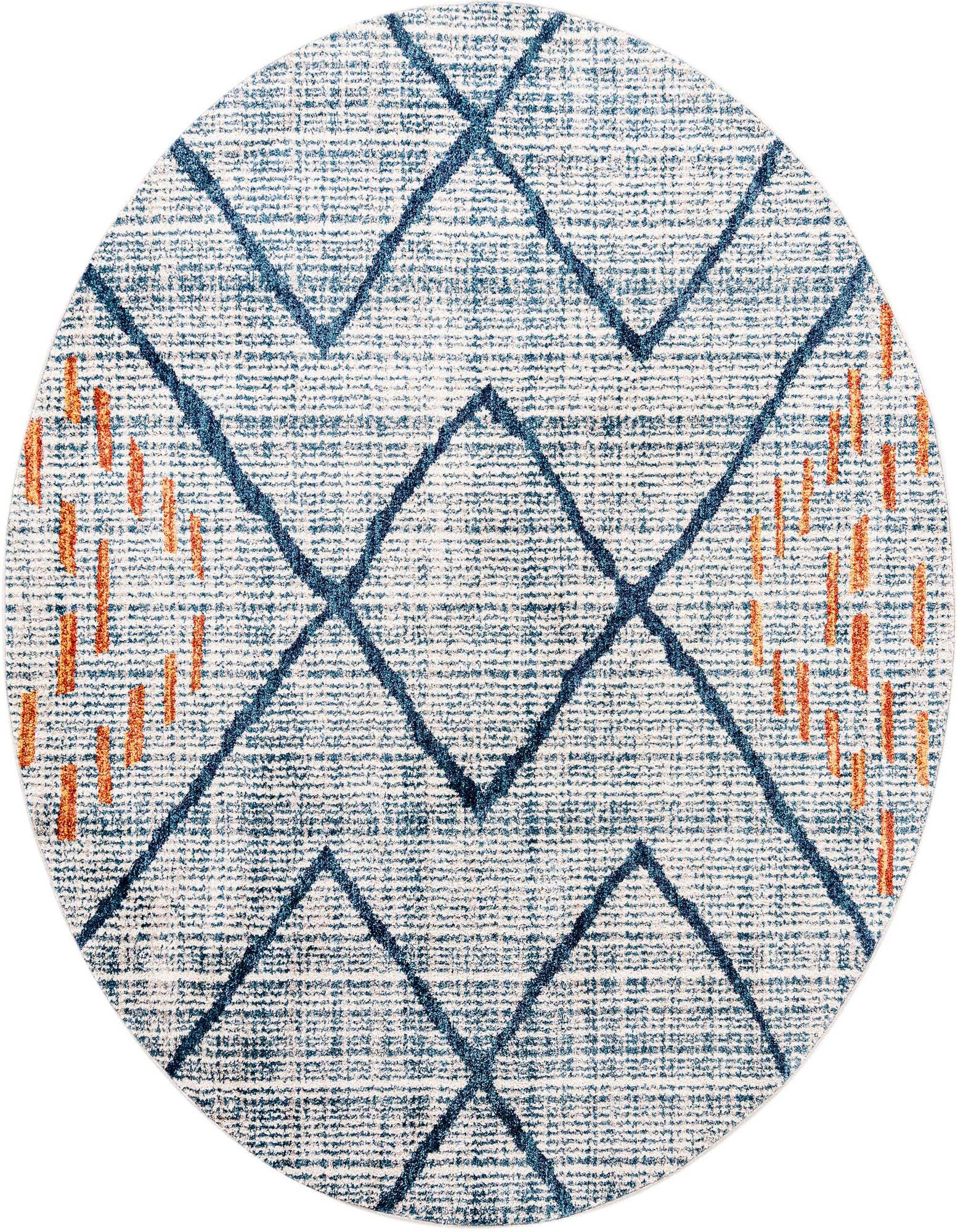 A round blue and white modern area rug with a geometric stripe pattern and orange accents.