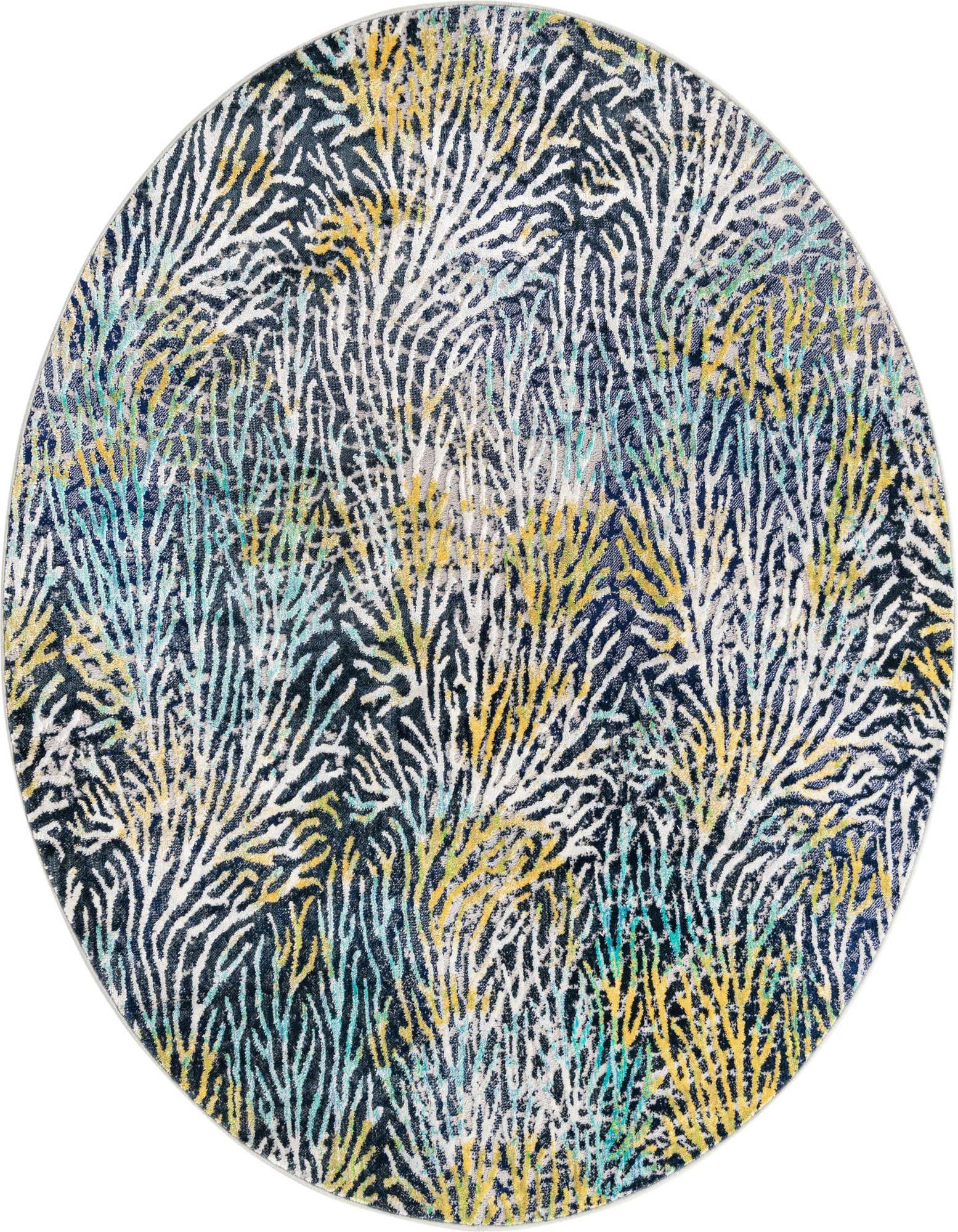 A 7' 0 x 7' 0 round blue rug with a vintage floral pattern featuring white, yellow, and teal coral-like branches.