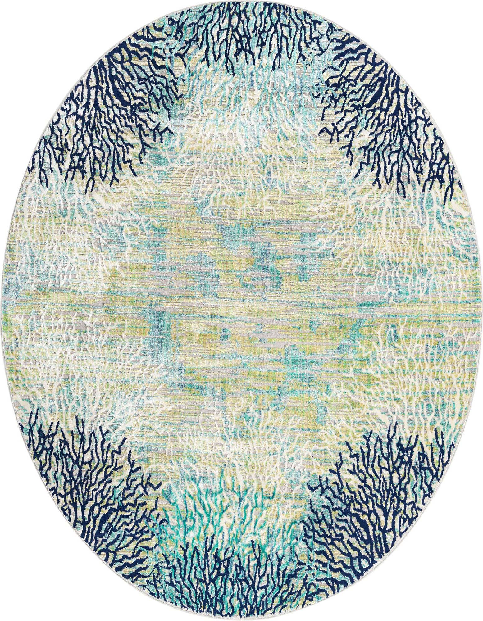 A round blue and green rug with a modern coral reef pattern, featuring deep navy and light blue branches.