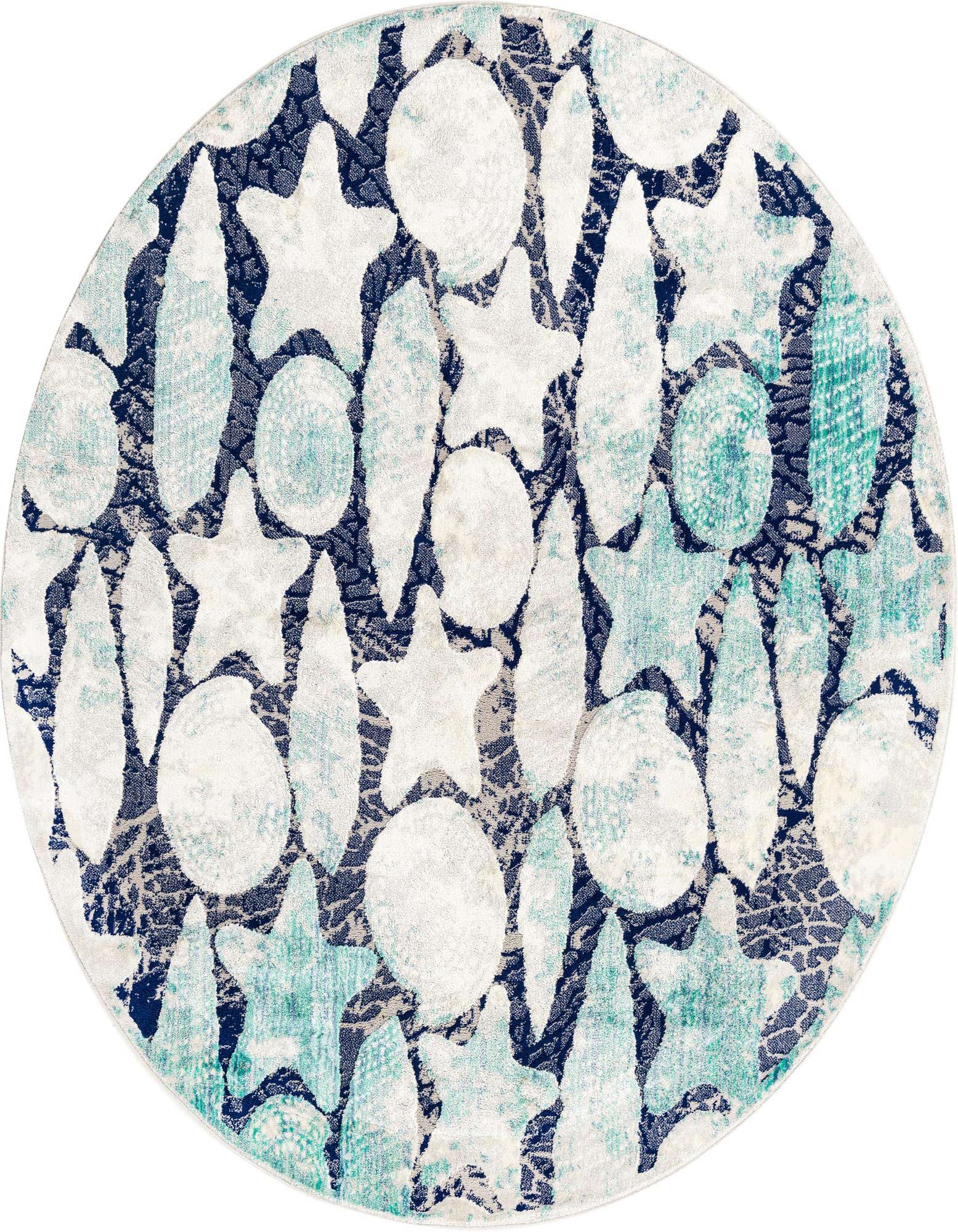 A round blue modern rug with a textured pattern of white and light blue abstract floral shapes and stars.