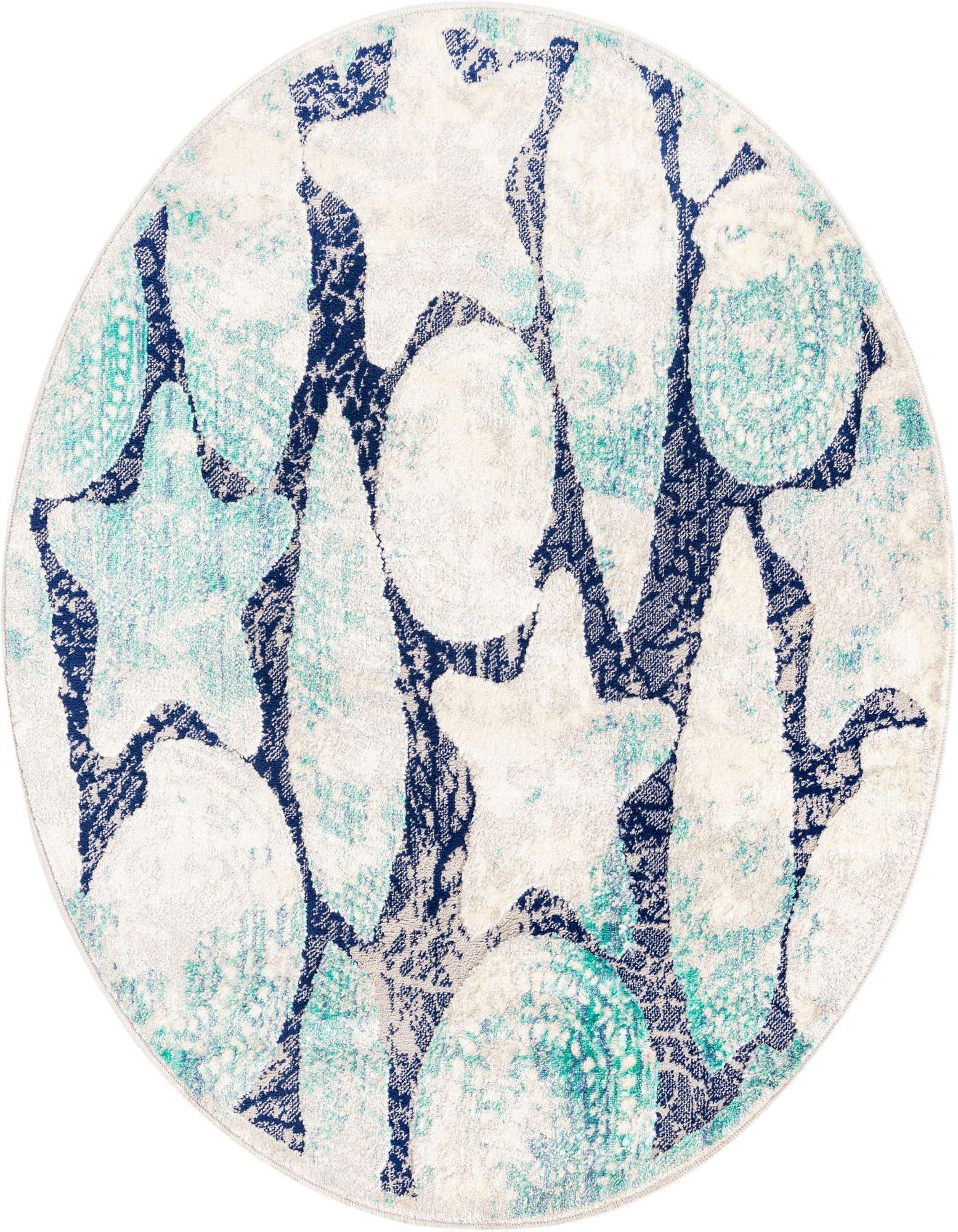 A round 4' blue and white modern rug featuring an abstract floral or star-like pattern with a textured pile.