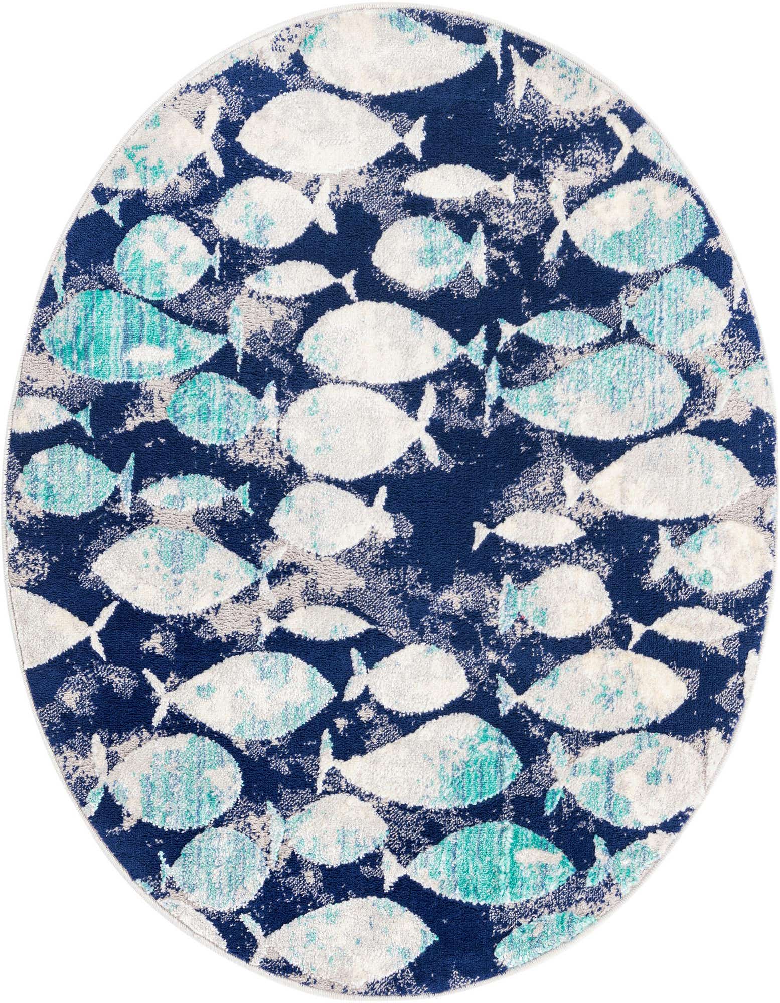 A round blue rug featuring a modern, abstract pattern of white and teal fish swimming across it, ideal for a child's room.