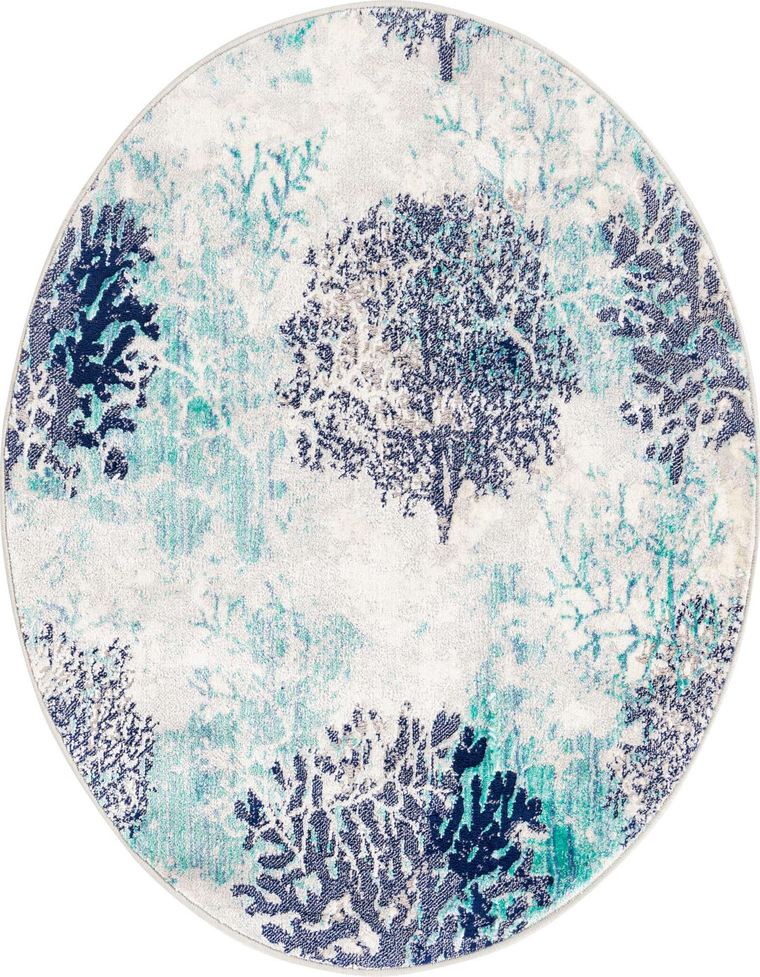 A round 4' 0 x 4' 0 Rugs.com Ariel rug featuring a blue and teal vintage floral pattern on a white background.