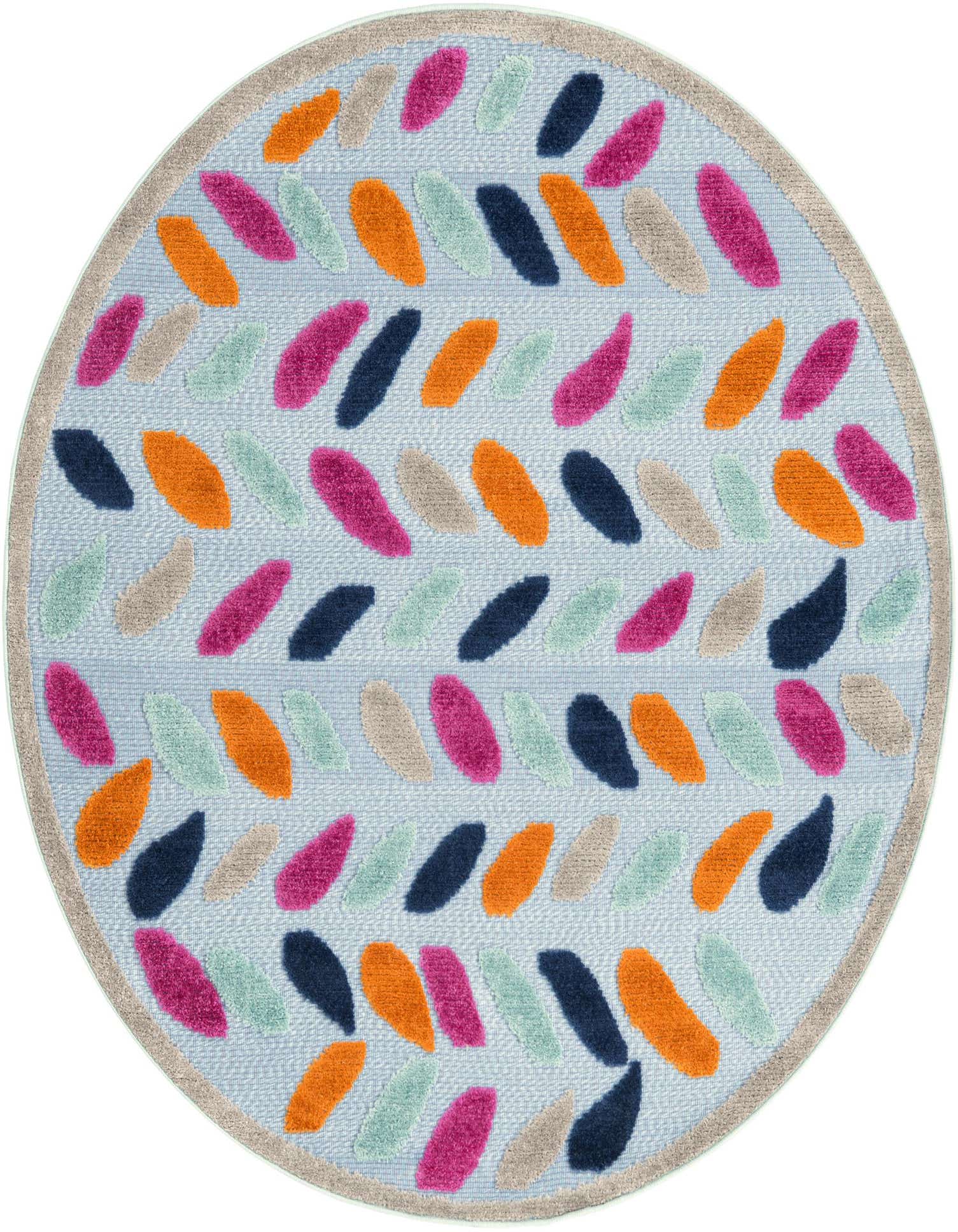 A 5' 3 round blue rug with a bohemian trellis pattern of colorful leaf-like shapes in orange, pink, navy, and light green.