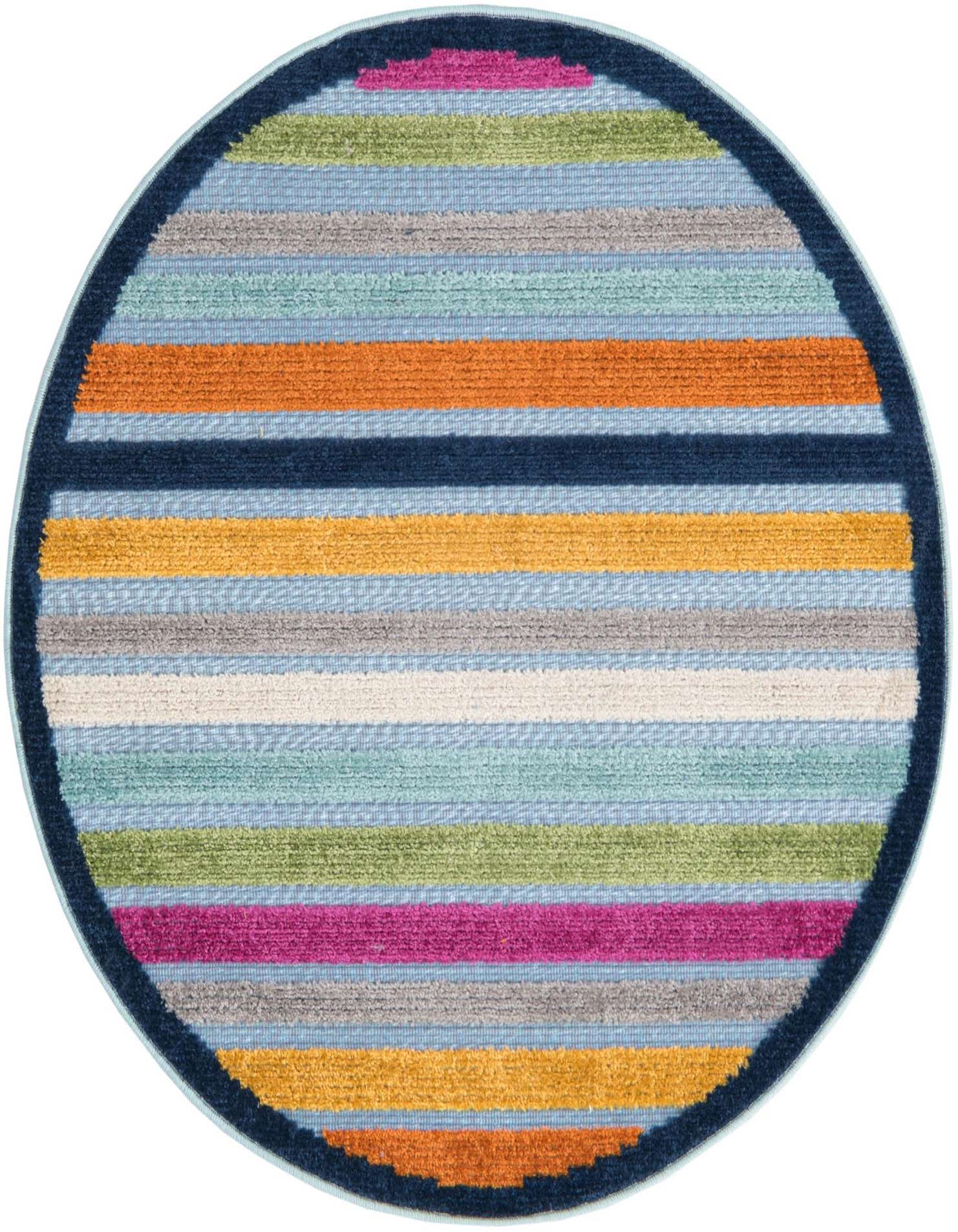A 3' 3 round blue rug with vibrant horizontal stripes in orange, yellow, green, pink, and grey, perfect for indoor or outdoor spaces.