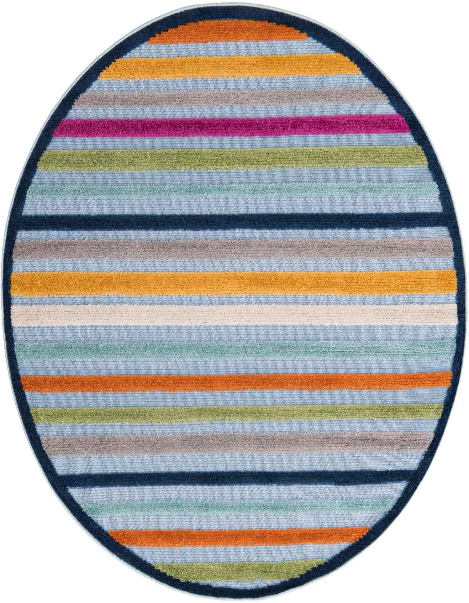 A 5' 3 x 5' 3 round Aruba Outdoor rug with a vibrant, multi-color striped pattern in blues, oranges, greens, and pinks.