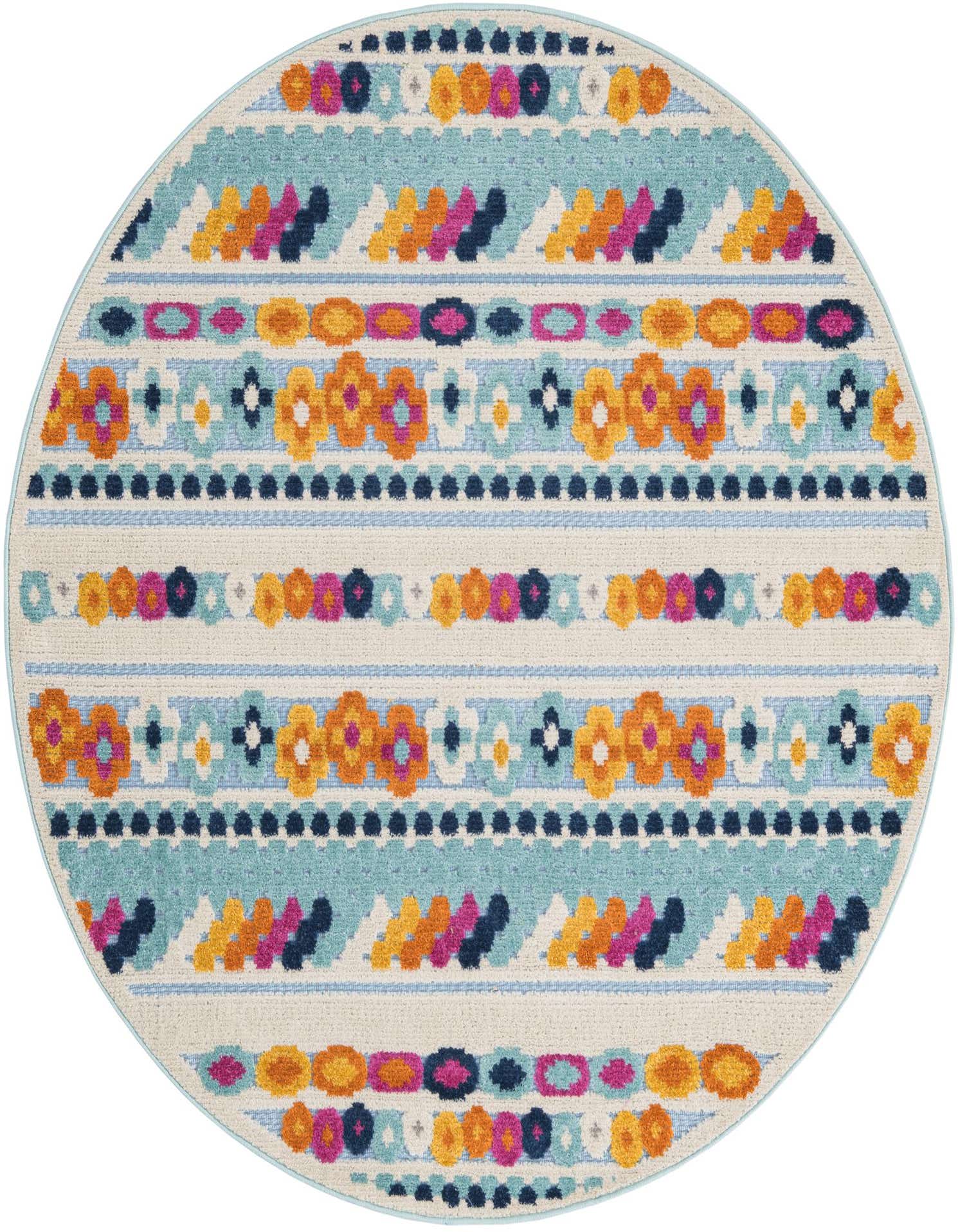 A round 5' 3 x 5' 3 Rugs.com Aruba Outdoor rug featuring a vibrant bohemian striped pattern with blue, orange, pink, and yellow accents on a cream background.