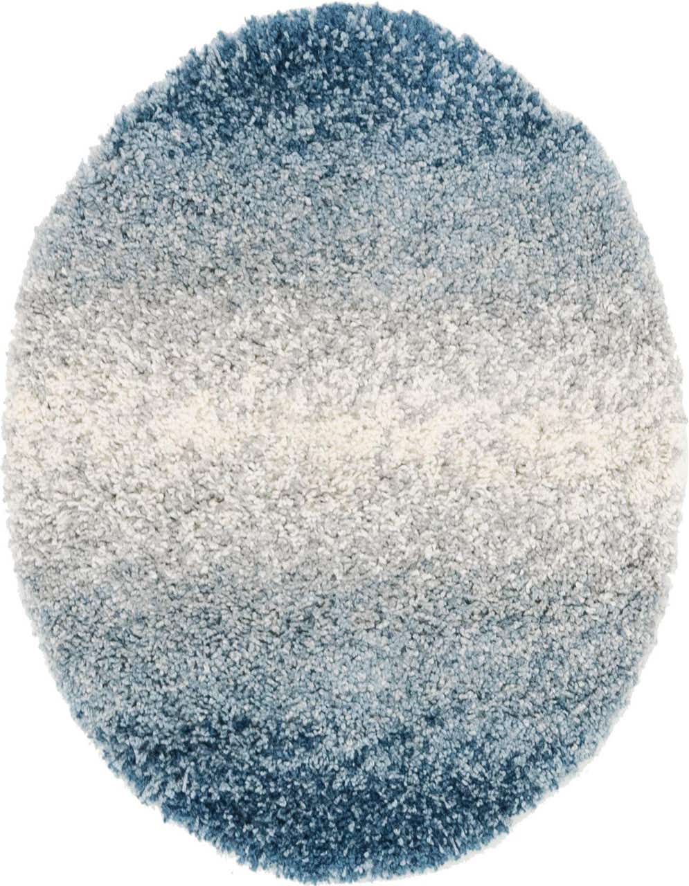 A round blue shag rug with an abstract, coastal-inspired gradient from dark blue to light blue and white.
