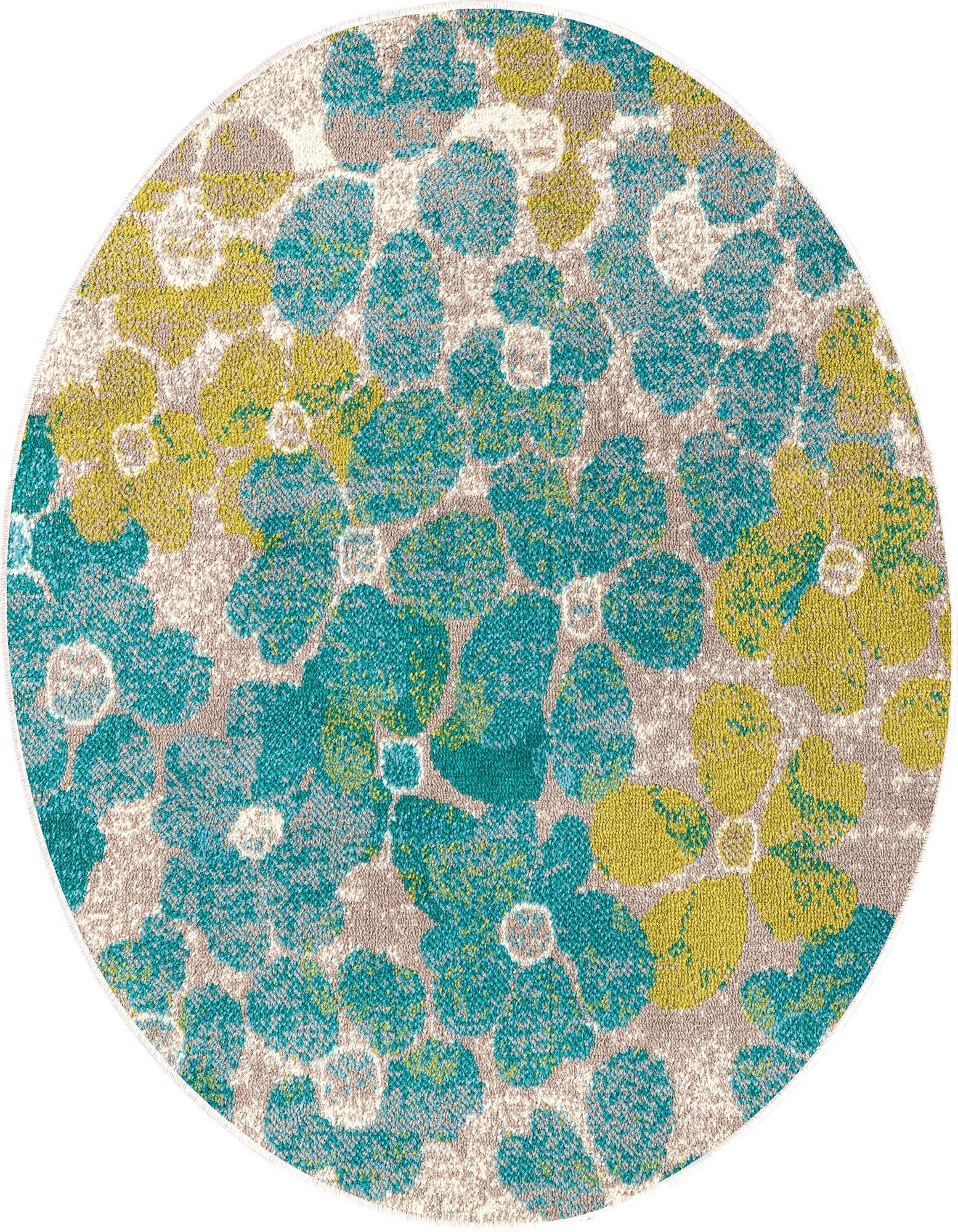 A 3' round Azalea rug featuring a modern floral pattern in shades of blue and yellow-green on a beige background.