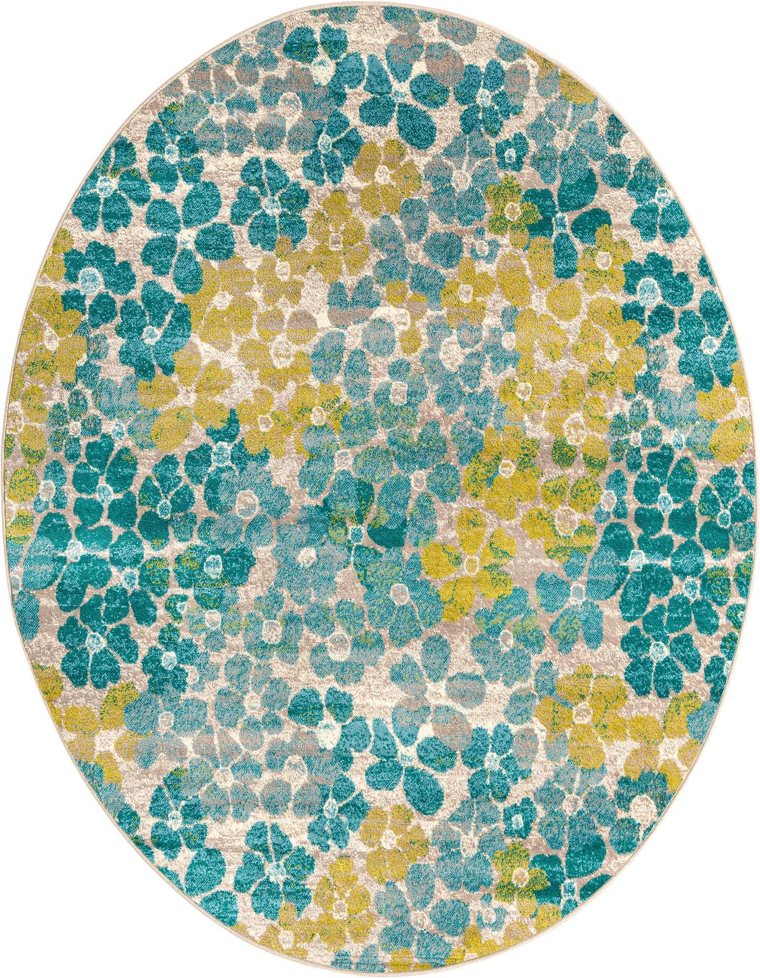 A 7' round blue botanical area rug featuring a modern floral pattern in shades of teal, light blue, and yellow on a cream background.