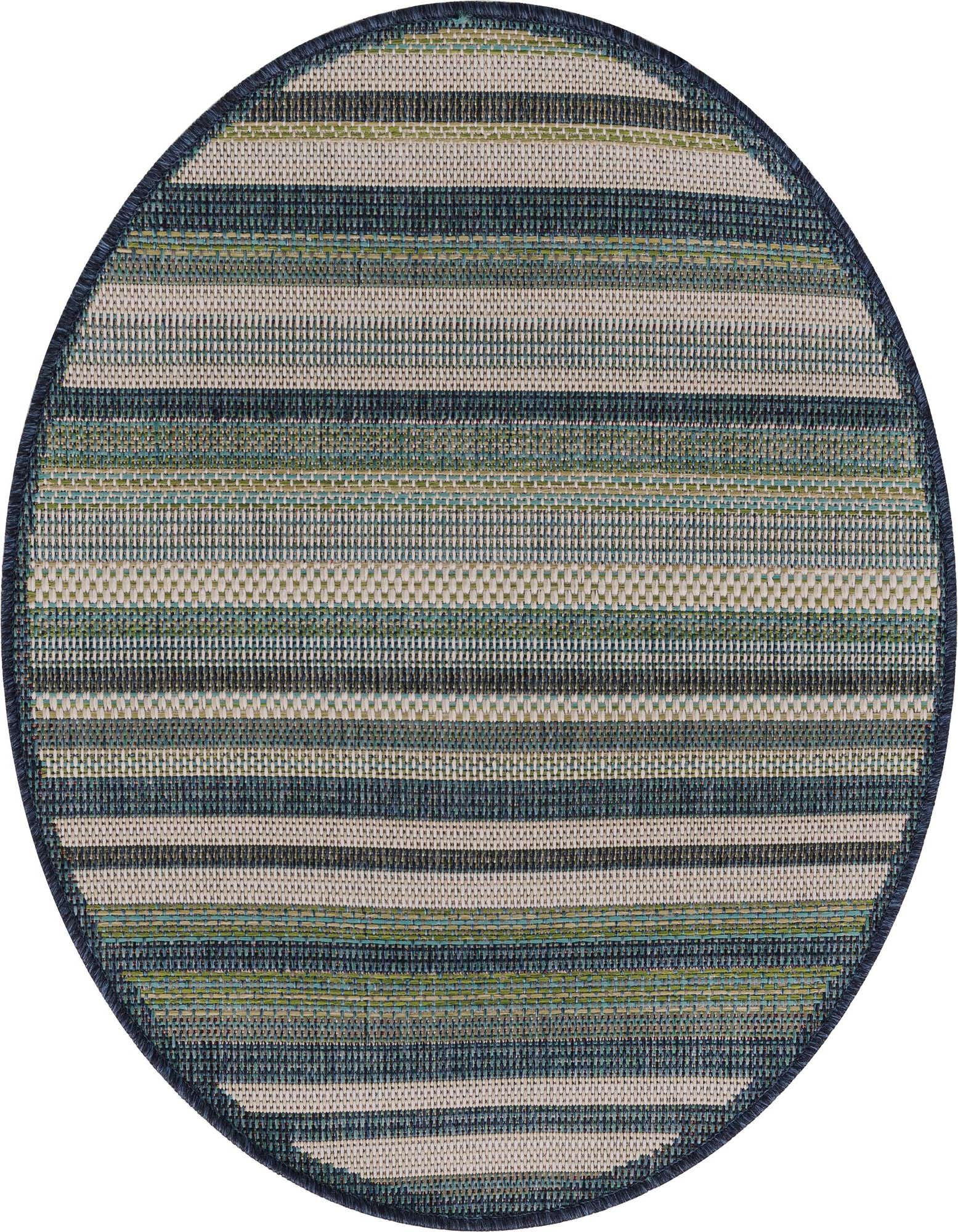 A 3' 3 round Baja Outdoor rug with modern blue, green, and beige stripes, suitable for indoor/outdoor use.