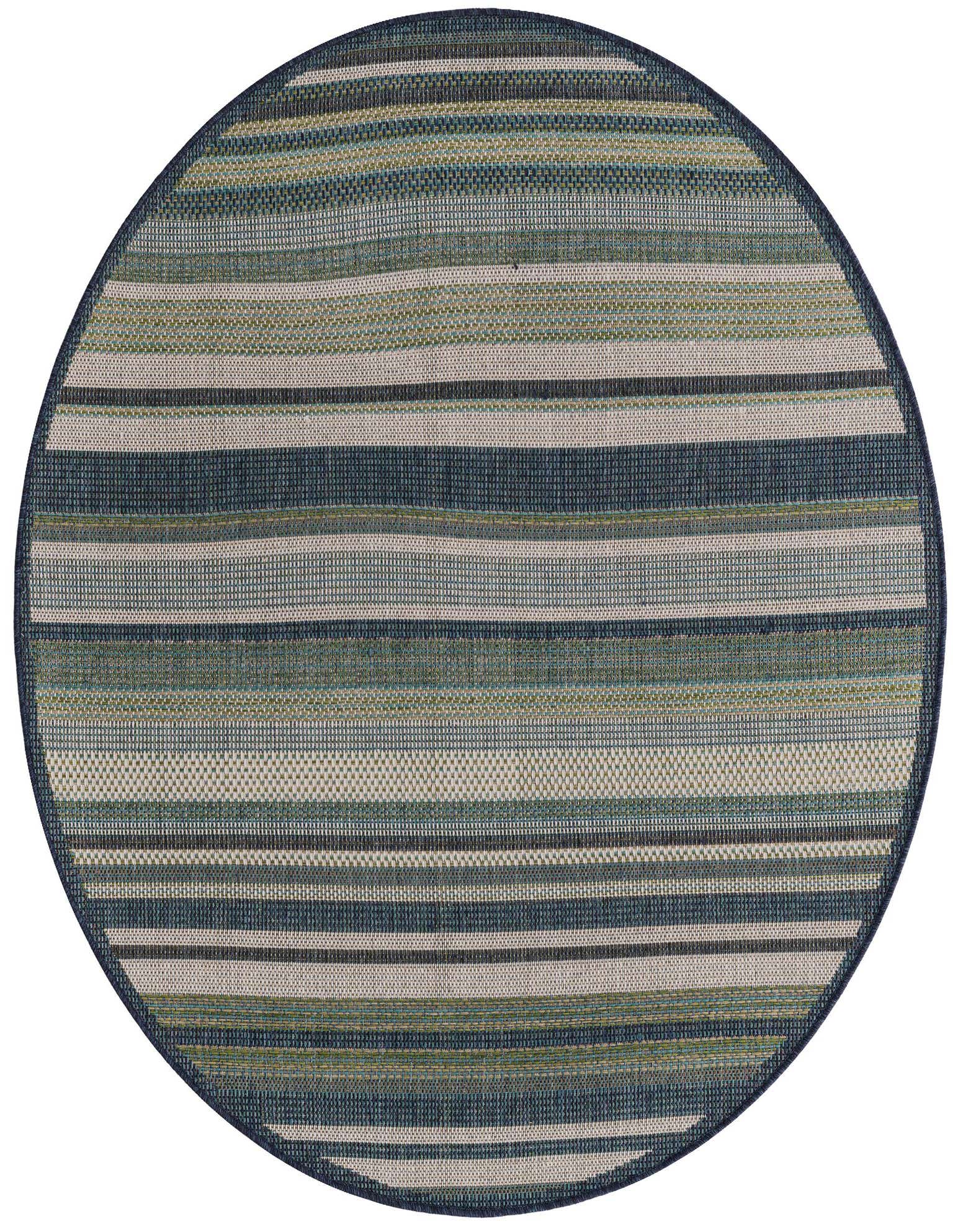 A 5' 3 round Baja Outdoor rug by Rugs.com, featuring modern blue, green, and beige stripes, ideal for indoor or outdoor spaces.