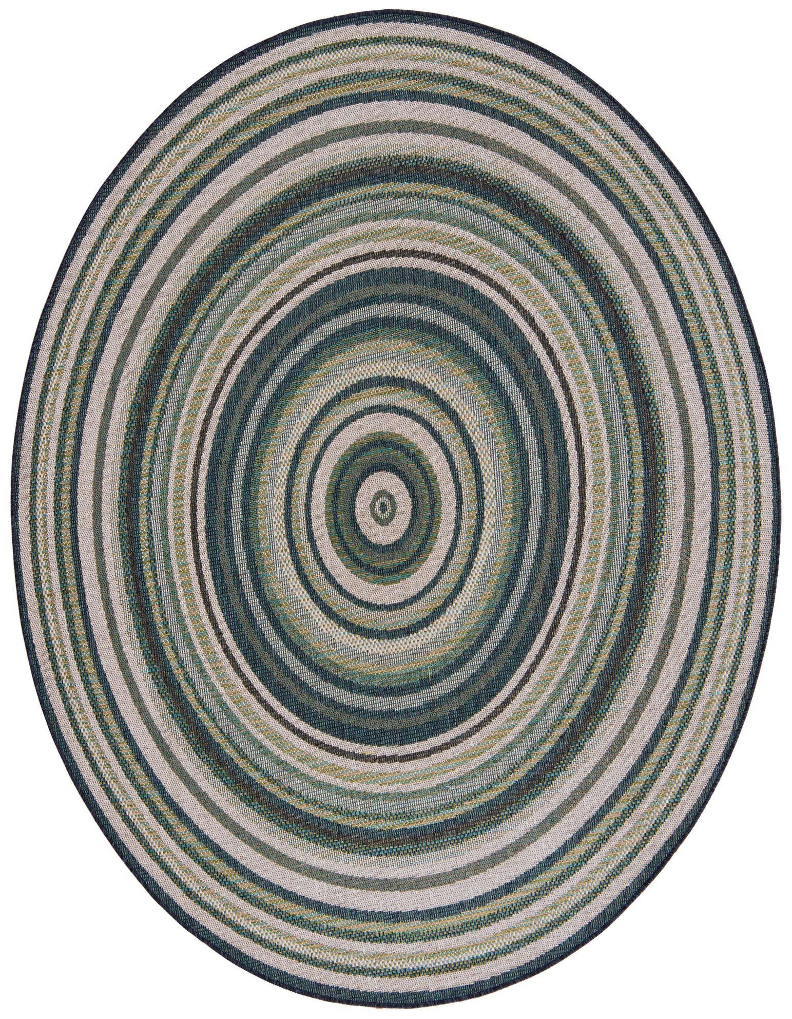 A 7' 10 round Baja Outdoor rug from Rugs.com featuring concentric stripes in shades of blue, green, and beige, suitable for a patio.