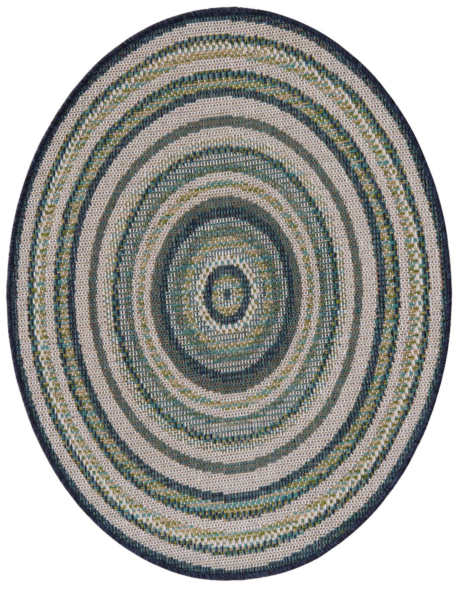 A 3' 3 round Baja Outdoor rug by Rugs.com, featuring concentric stripes in shades of blue, green, and beige, ideal for indoor or outdoor use.