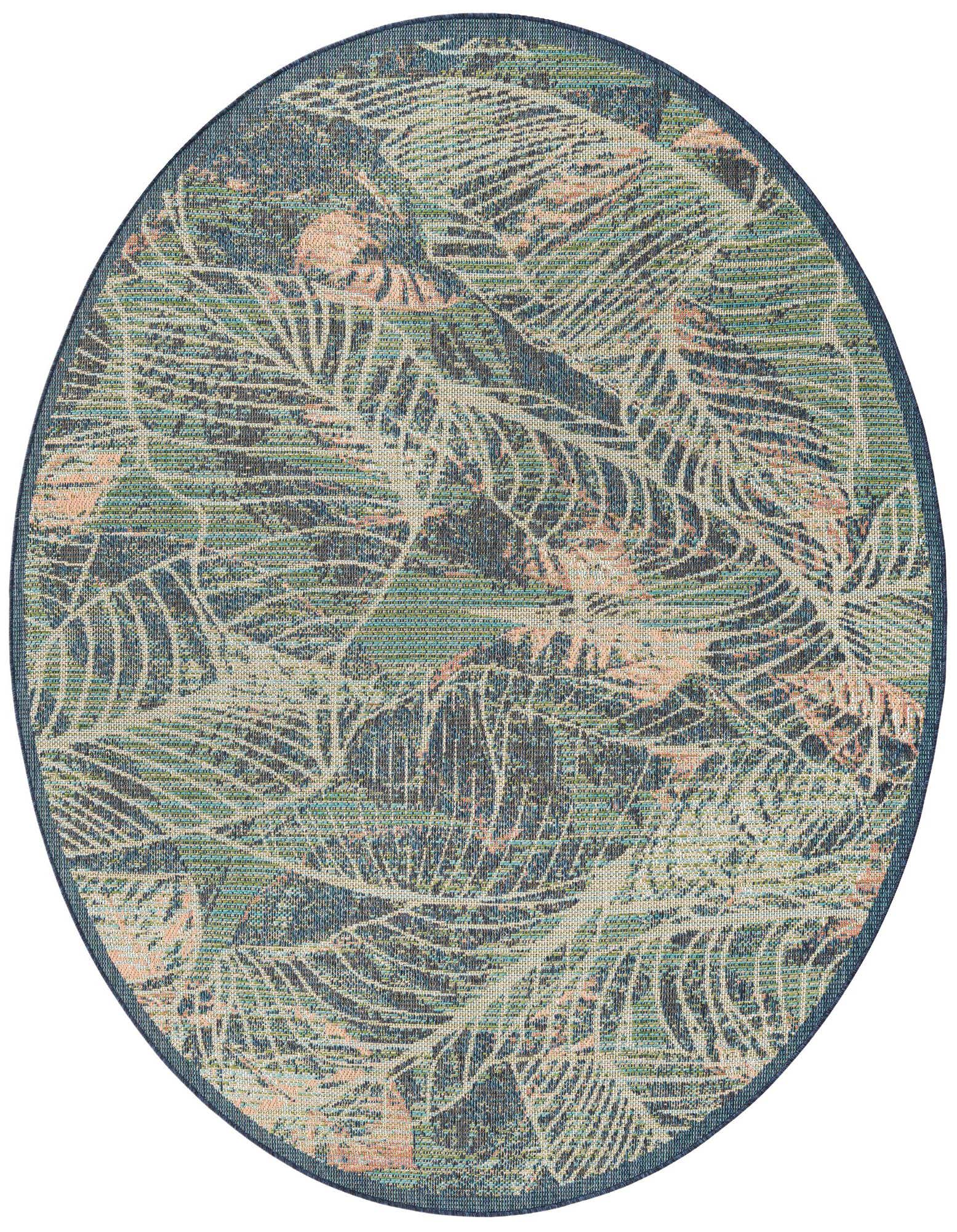 A round 7' 10 x 7' 10 Baja Outdoor rug with a blue background and a botanical pattern of green, teal, and peach palm leaves.