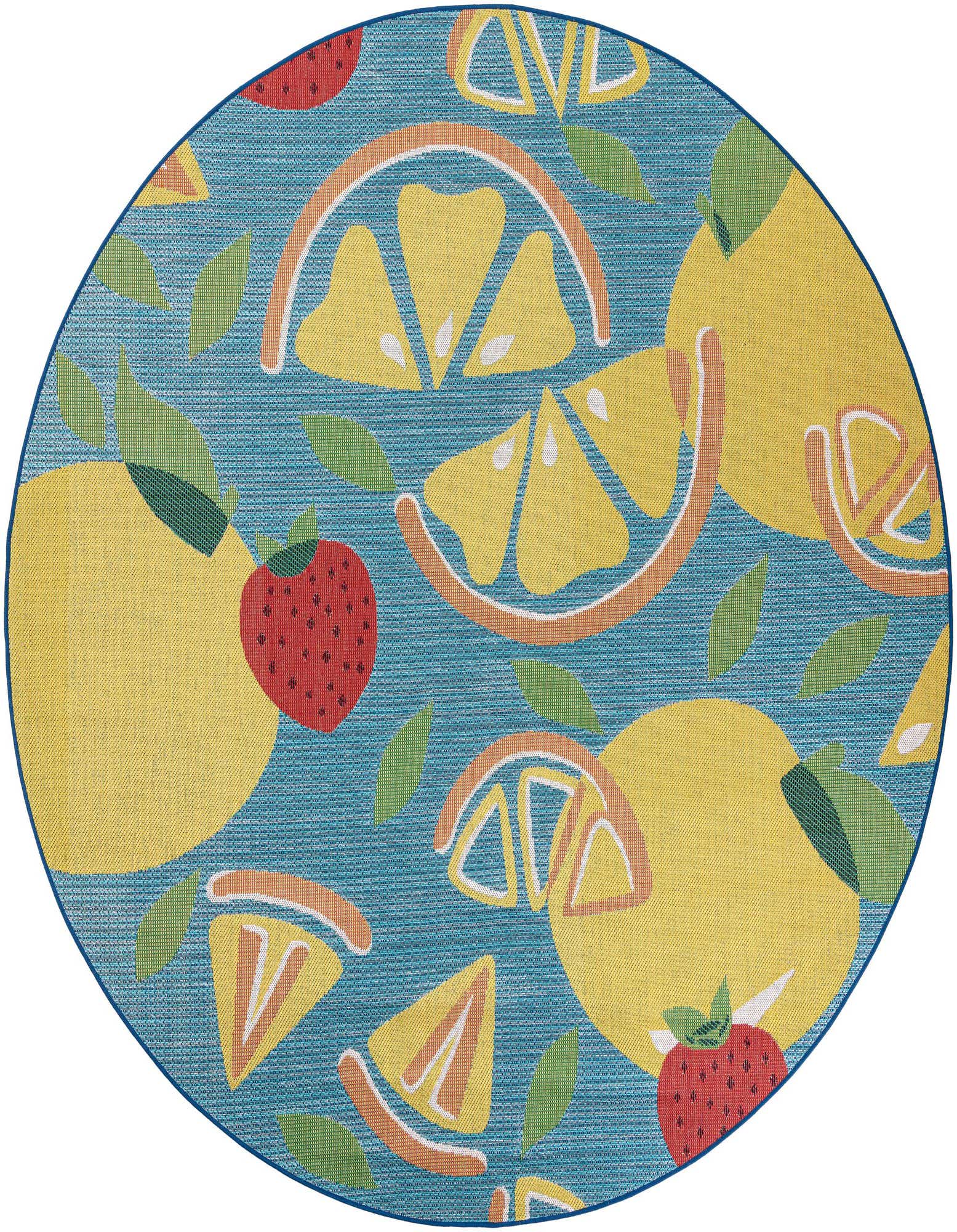 A round blue indoor/outdoor rug with a vibrant modern pattern of yellow lemons, orange slices, and red strawberries.