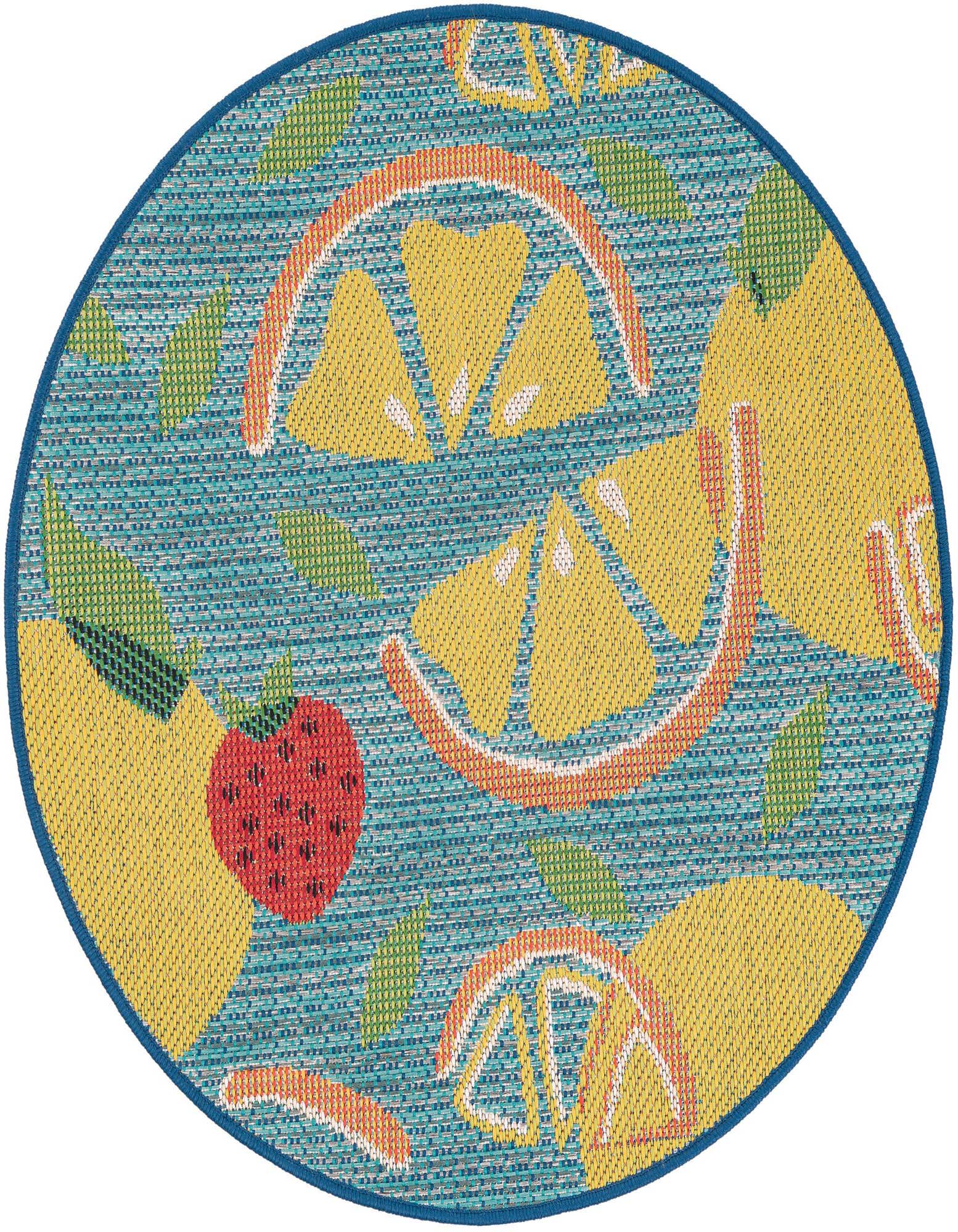 A round blue indoor/outdoor rug with a vibrant modern pattern of yellow lemons, orange slices, green leaves, and a red strawberry.